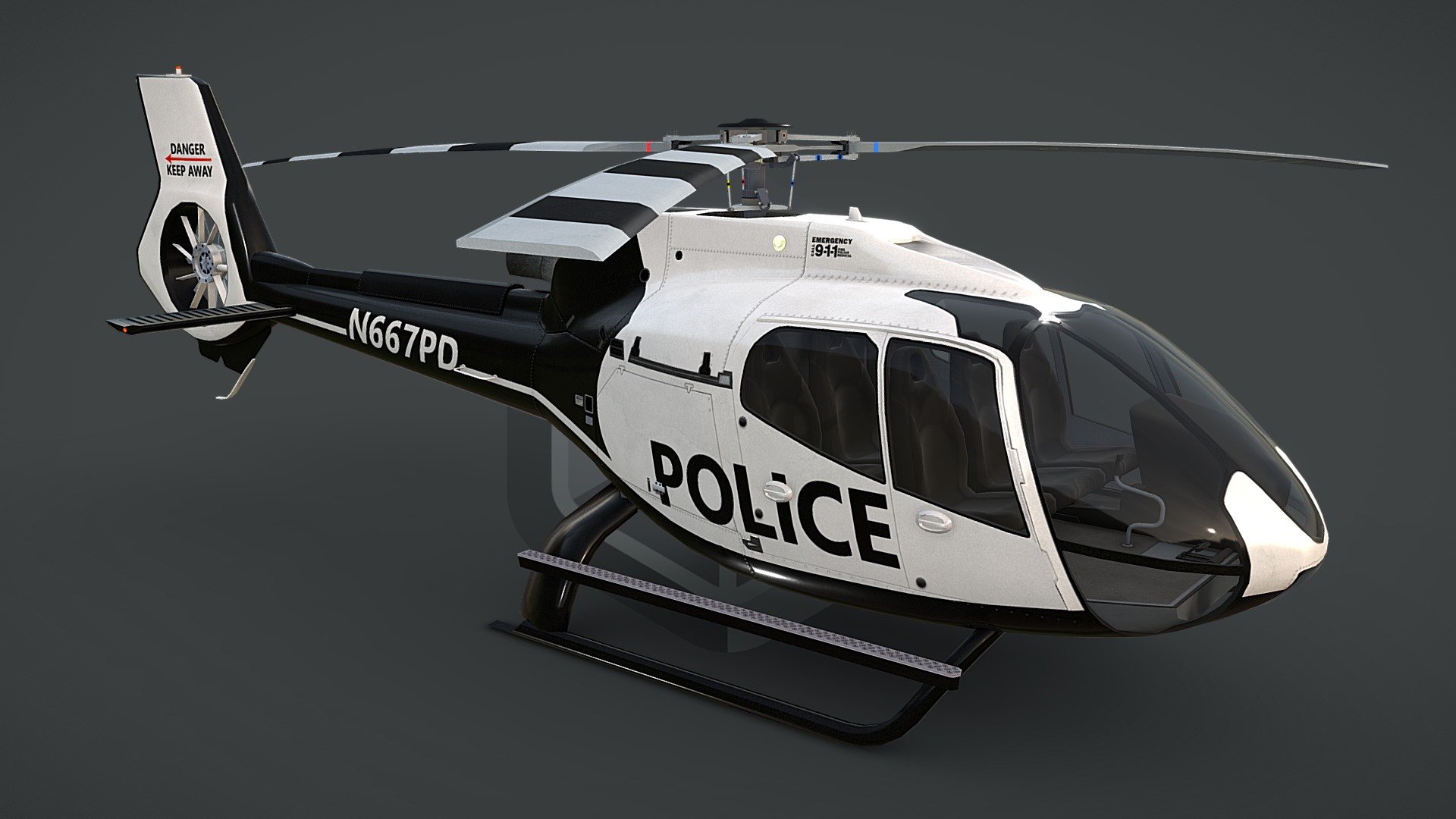 game ready, realtime optimized game asset

unique livery and branding

both PBR workflows ready

LOD0 is HQ lowpoly with bended top rotor, all lights objects and interior

LOD0 19710 tris, LOD1 10462 tris, LOD2 7388 tris, LOD3 5990 tris

100% triangulated and 100% unwrapped non-overlapping

5 x uv layouts, body, HQ rotors, LQ rotors, interior, lights

made using blueprints, real world scale meters

all rotors detached and animable in each LOD with properly placed pivots for flawless animations

hideable capsule built interior that fits perfectly the body

interior is simple but a great basis for further elaboration

big textures pack with native 4096 x 4096 px textures for body, rotors, interior

LOD3 rotors have own textures with blades on alpha channel

light objects have own, small, textures, and contain an emission map

pack contains native .max scene, created in 3dsmax 2014

pack contains clean and flawless FBX and OBJ files

each LOD and all LOD together exported in each file format
 - Police Helicopter EC130-H130 Livery 6 - Buy Royalty Free 3D model by CGAmp 3d model