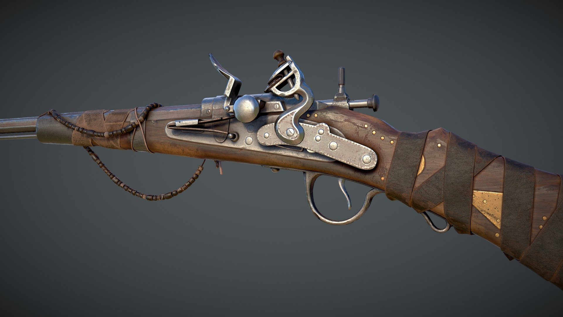 This flinktlock rifle was created using Maya and Substance painter for the bulk work. Using normal maps from high poly models, and low to medium poly tri count for the final mesh. Find more images at www.robertberrier.com - Flintlock Rifle - Download Free 3D model by Robert Berrier (@robertberrier) 3d model
