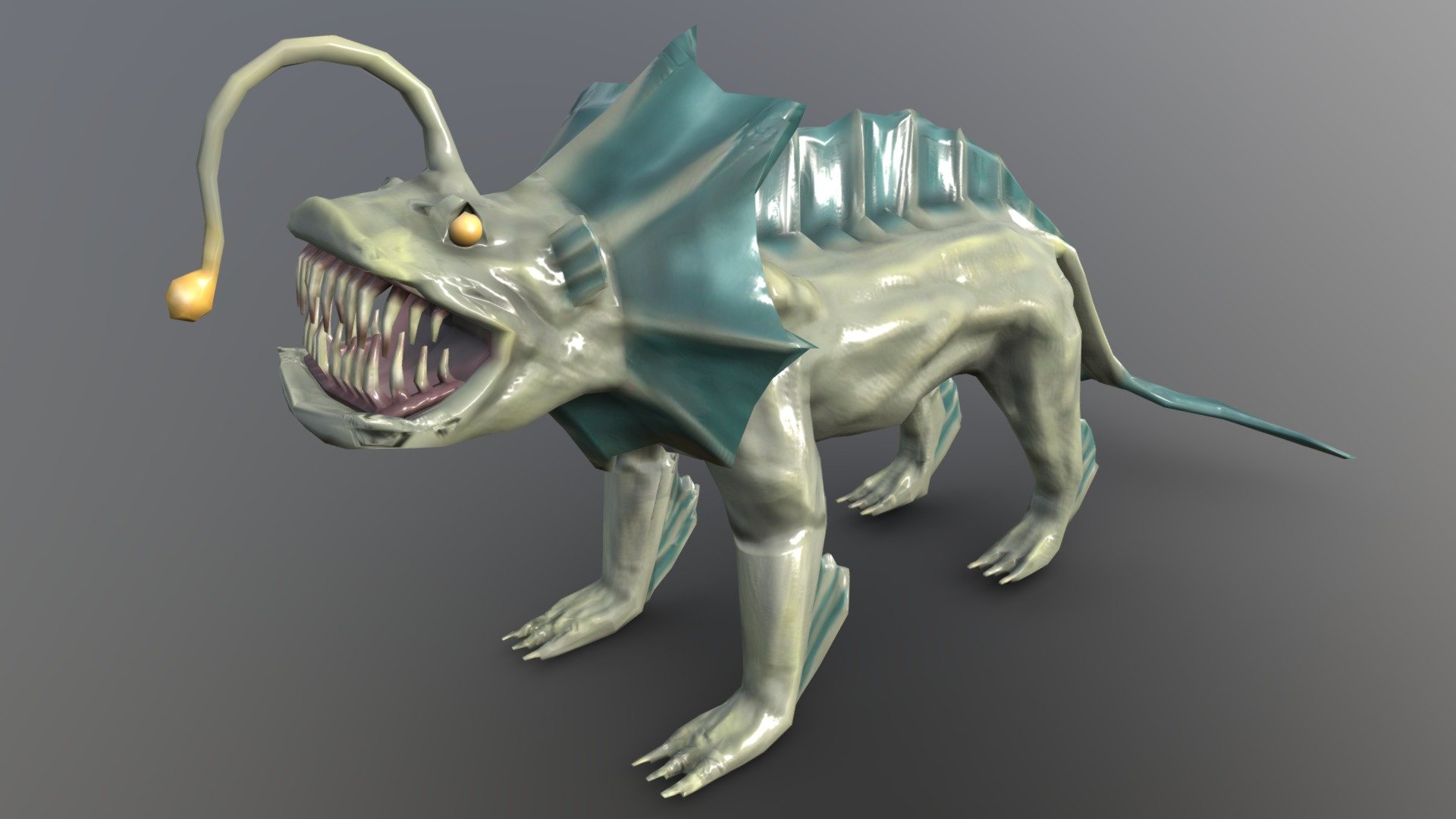 A creature design of an animal hybrid inspired by lion and angler fish features. This stemmed from the idea of having a creature in a surreal, horror setting. I pictured a twisted underwater cave setting, and what might lurk in there. Using the mythical creature the merlion as a basis, I created this model. I started by modeling in 3ds Max, and then moving onto Mudbox for sculpting and texturing 3d model