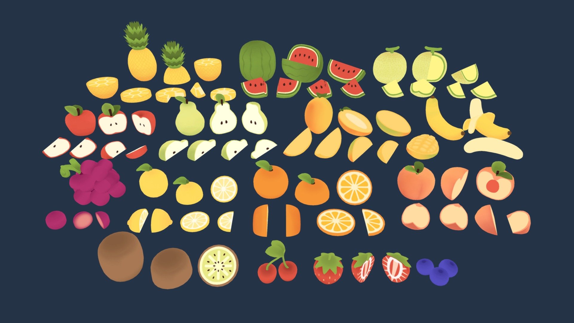 The Cute Fruits pack by PIXELATEDCROWN!

🍎🍌🫐🍈🍒🍇🥝🍋🥭🍊🍑🍐🍍🍓🍉


Cute, simple fruit models with a colorful, cartoon style 👑✨

You can get the apple model from the pack free here 🍎


15 different fruits, with most having sperated sliced models - 80 models in total!
28 texture .pngs

Zip file contains each fruit as their own .fbx file, as well as an .fbx of all the fruit together - Cute Fruits Pack - Buy Royalty Free 3D model by pixelatedcrown 3d model