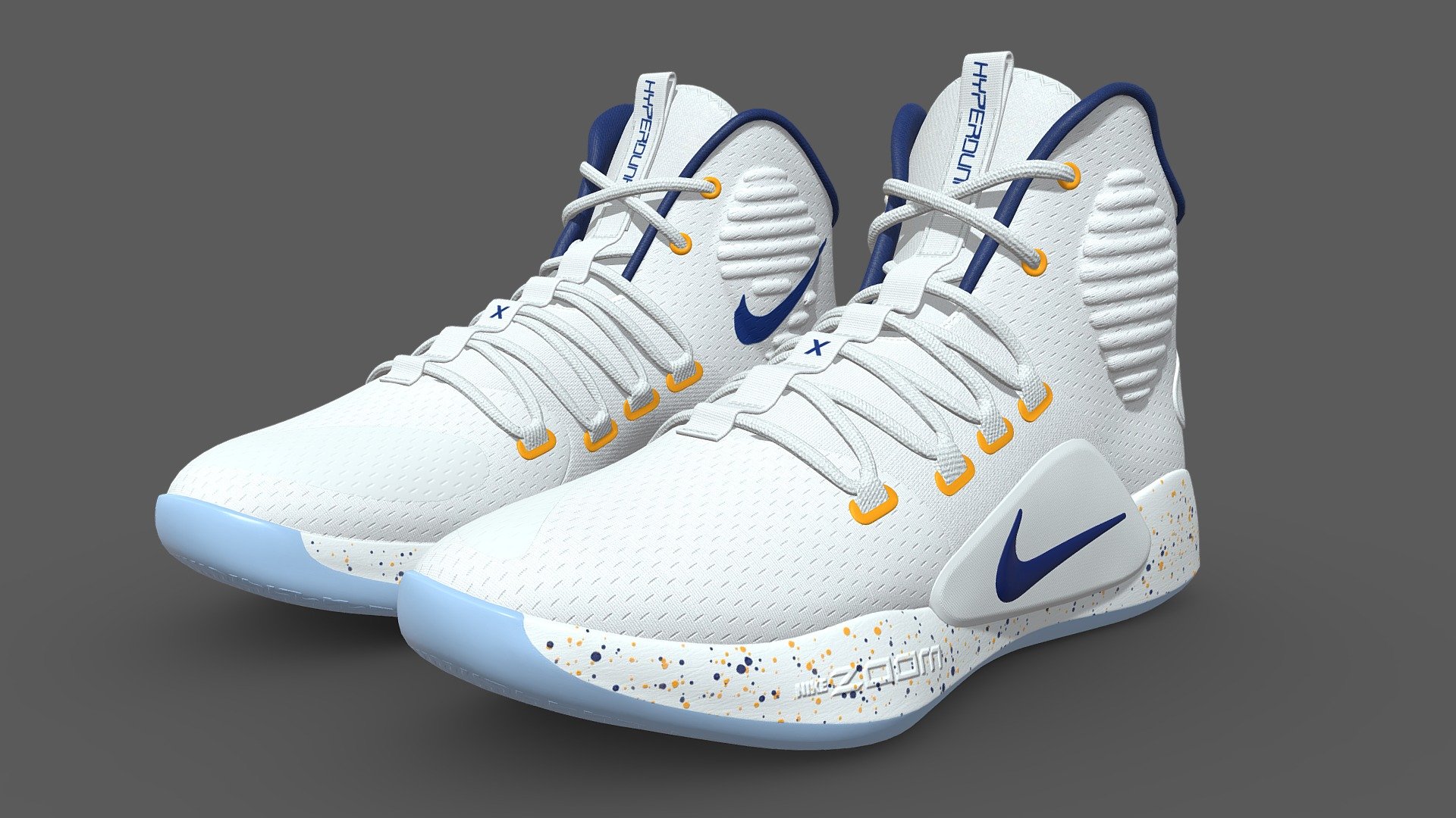 Nike Basketball Shoes Hyperdunk X EP

This model is suitable for use in broadcast, film , advertising, visualization, games. etc
The model is accurate with the real world size and scale

**[ TEXTURES ] **

Textures Formats: PNG 8192 x 8192
Textures Formats: PNG 4096 x 4096

Blender file included with 8K Textures Embedded within the file.
Both the shoes share the same textures except for the Roughness &amp; Normap Map which is named as Right for the right shoe. 
UVs are non-overlapping and unwrapped in a very clean manner 3d model