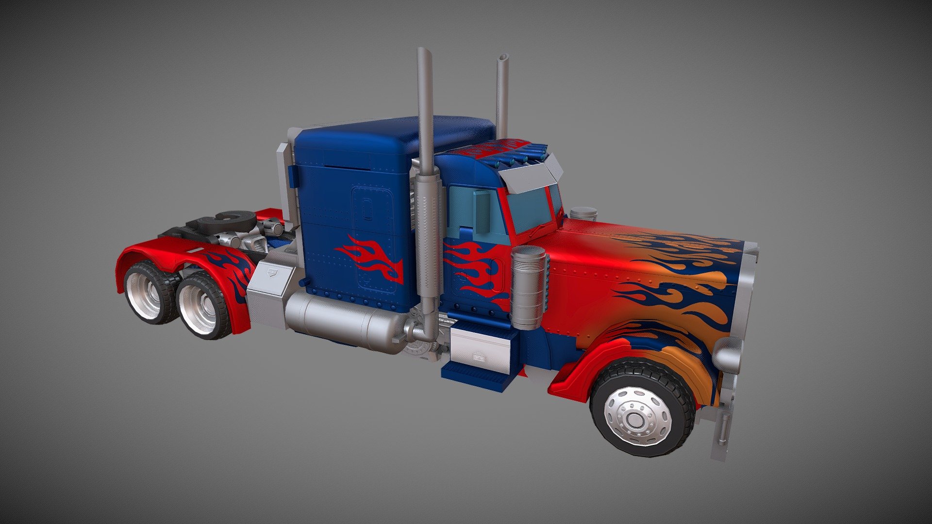 Complex model display of Optimus Prime, modelled in 3DS Max over several weeks. Made for showcase purposes.

This is fan art, replicated from a Revenge of the Fallen Leader Class Optimus Prime Action Figure. The mesh and textures are my creation, but the design belongs to Hasbro, and the Michael bay film franchise 3d model