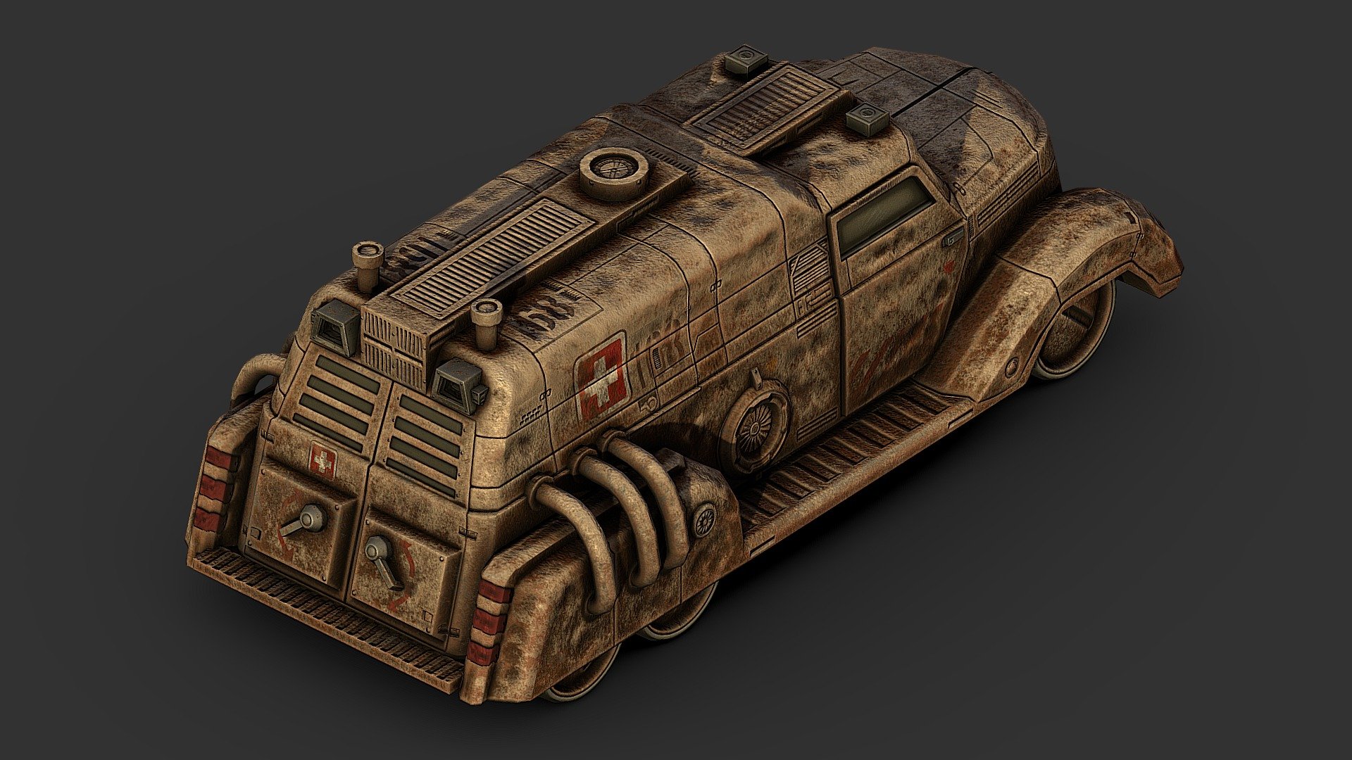 a fallout ambulance, based on some unused concept art from Fallout 1, I took a few liberties with the concept to make it translate better to 3D - Fallout 1 Style Ambulance - 3D model by Renafox (@kryik1023) 3d model