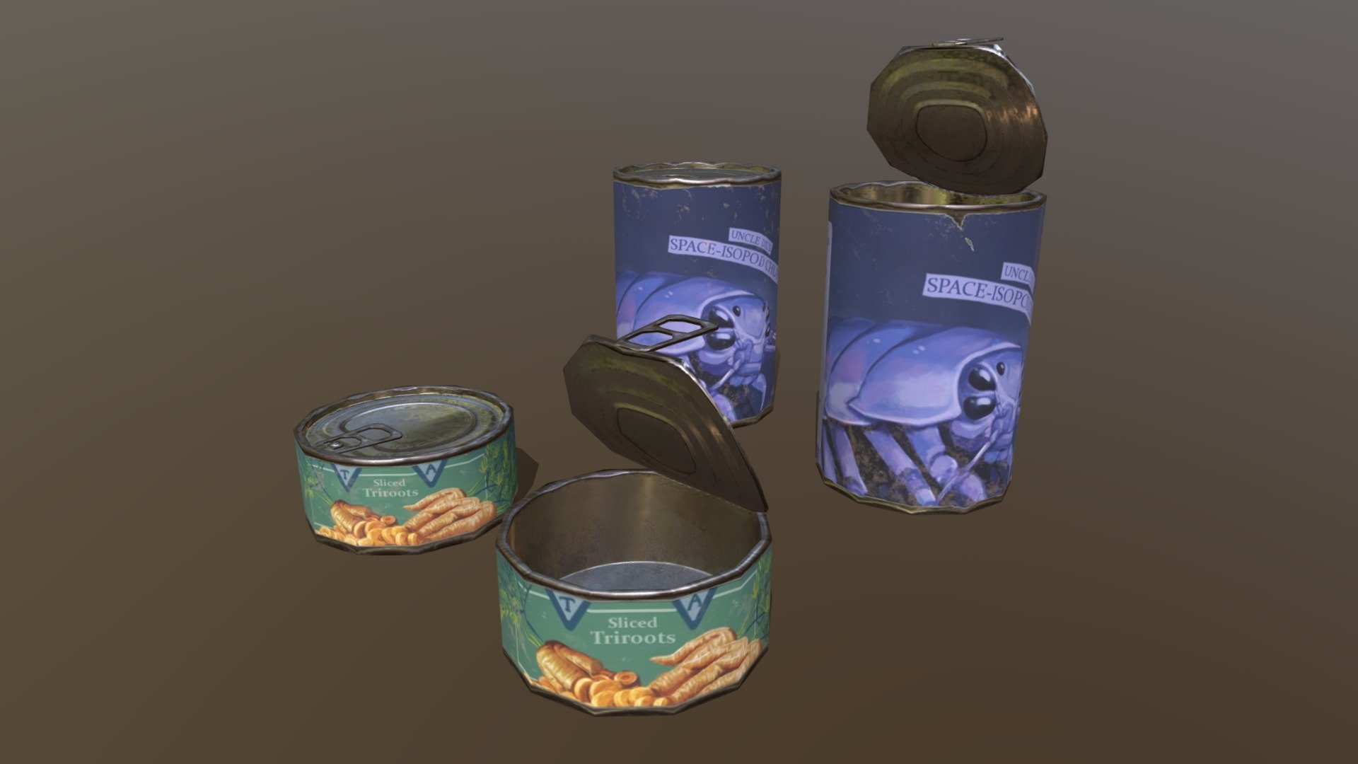 tins can i made for a scifi uni project. i painted isopods on them because they're cute. please don't call me out for having significant fallout dates on the bottom of the cans i'm only human - Tin Cans - 3D model by Everson Lawrence (@EversonLawrence) 3d model