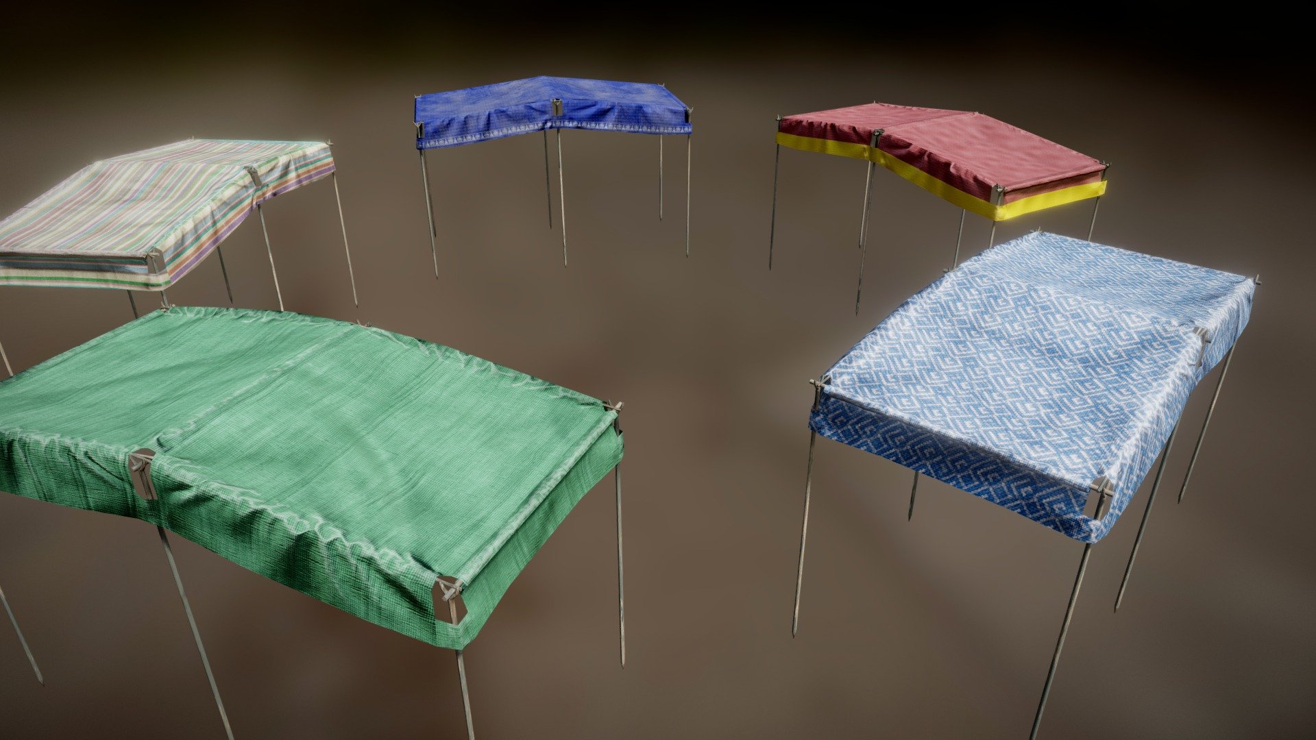 Some low poly shade tents for a marketplace vendor. 5 different fabric types.
Their design is based on visual research I've been doing into ancient Greek &ldquo;Agoras