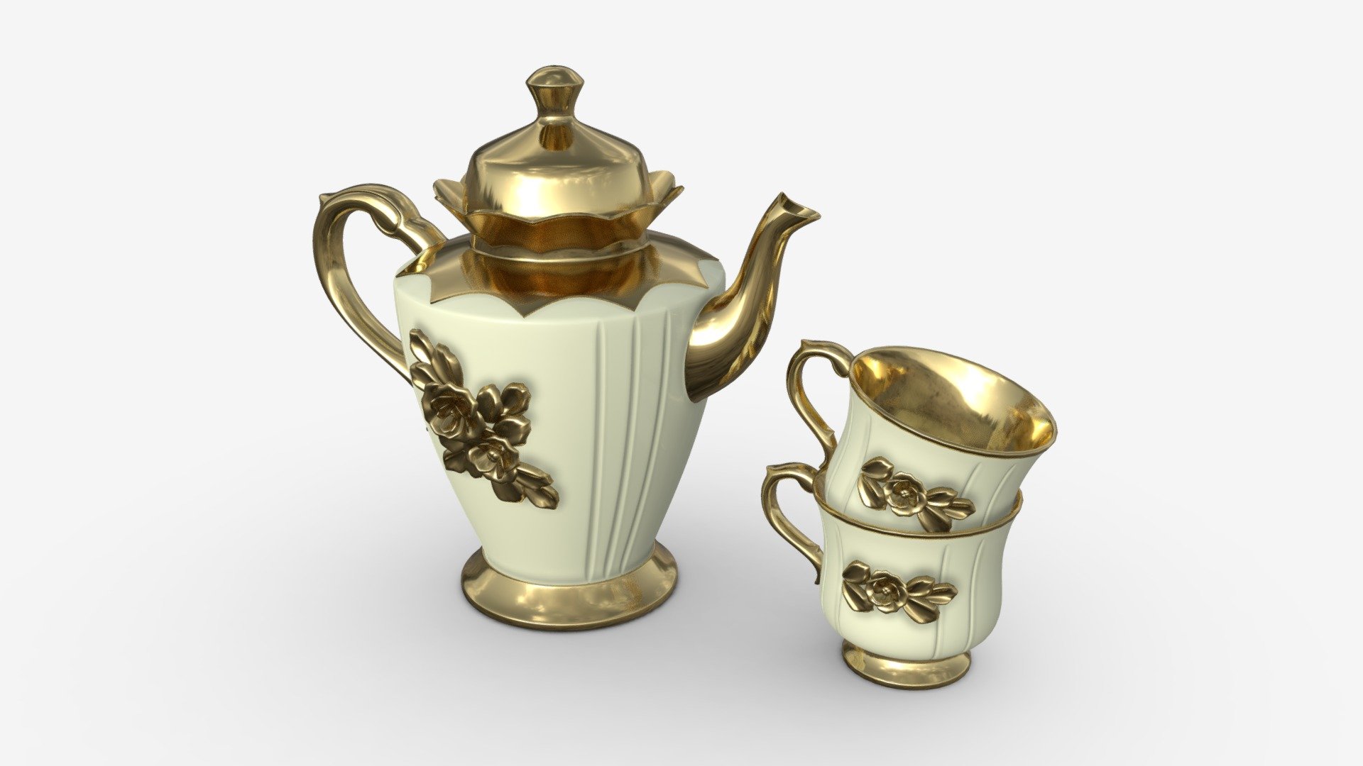 Teapot and Cups Decorated with Golden Flowers - Buy Royalty Free 3D model by HQ3DMOD (@AivisAstics) 3d model