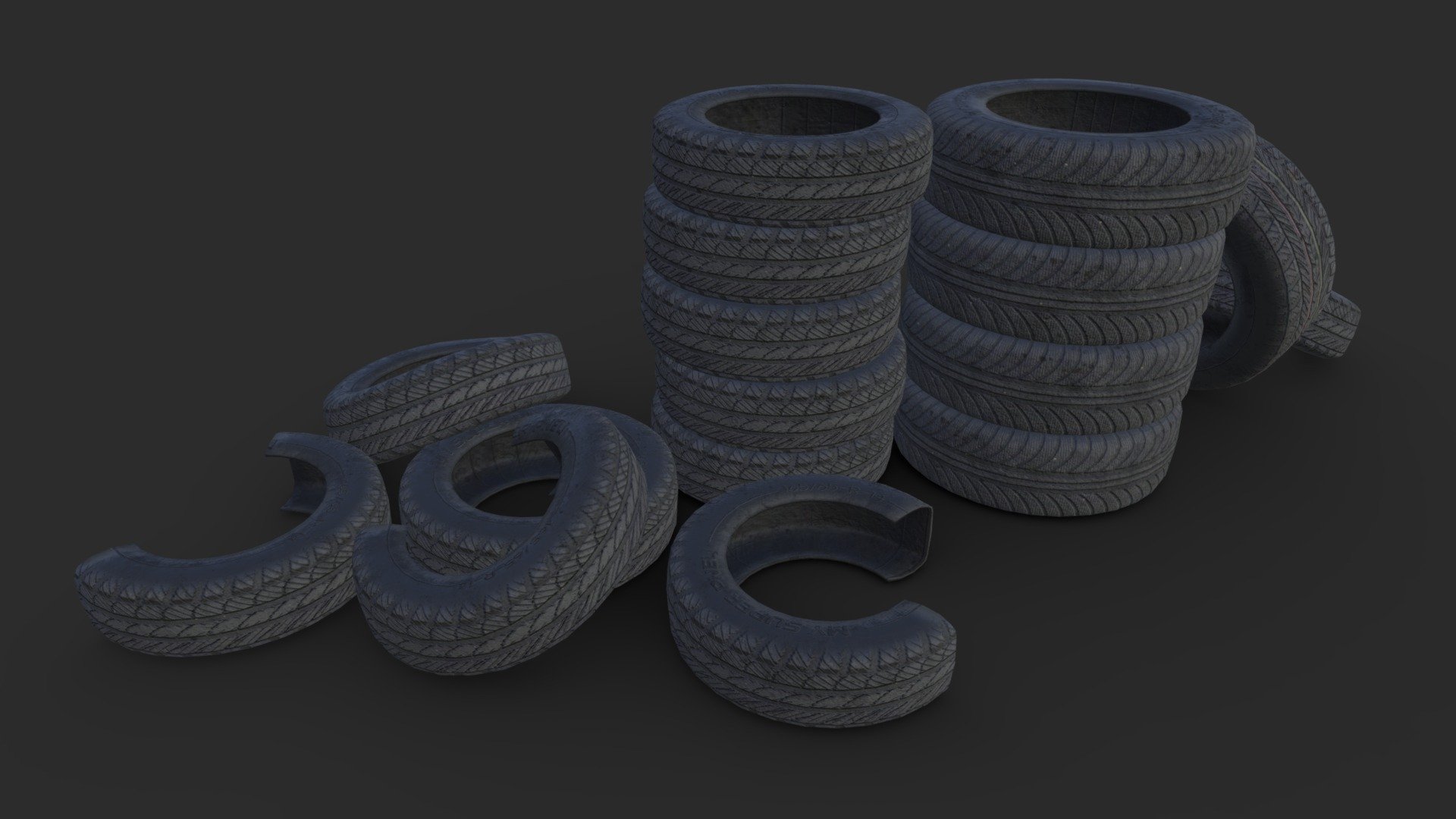 3D Assets of car tires. This collection includes 3 sizes of tires and 4 variants of destroyed tires for the smallest size. Each model has 3 LODs to be ready to use in any game engine as Unity or Unreal. Also, the collection includes 5 pre-assembled assets to embellish your 3D scenes and add details to make the scene or the game more realistic easily and quickly.



Low-poly model &amp; Blender native 2.81

SPECIFICATIONS

Objects : 7
Polygons : 5040
Subdivision ready : Yes
Render engine : Eevee (Cycles ready)

GAME SPECS

LODs : Yes
Number of LODs : 3
Collider : No
Pre-assembled Assets : 5

EXPORTED FORMATS

FBX
Collada
OBJ

TEXTURES

Materials in scene : 1 (PBR ready)
Textures sizes : 2K
Textures types : Diffuse, Metallic, Roughness, Normal (DirectX &amp; OpenGL), Heigh and AO
Textures format : PNG

GENERAL

Real scale : Yes
Scene objects are organized by groups - Tires Asset - Buy Royalty Free 3D model by KangaroOz 3D (@KangaroOz-3D) 3d model