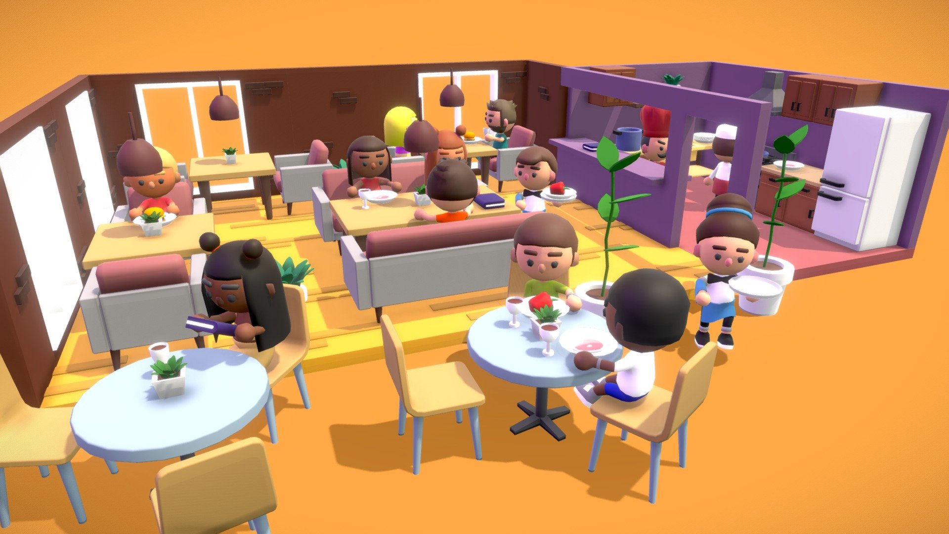 Set for creating a restaurant/cafe/kitchen. Scene with cute low poly chefs, waiters and visitors in a restaurant 3d model