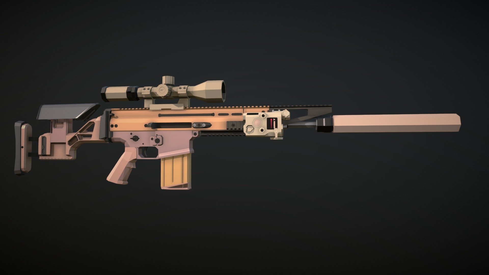 model of the FN SCAR-H, with the fixed adjustable stock of the SCAR SSR/Mk20, a PEQ-15, a magnification adjustable scope, a top rail extension part and a suppressor. This entire setup was heavily inspired by one picture of a US Special Forces soldier's rifle, and it took me way too much time to find out what all the attachments were.

for anyone trying to make the scope work in a realistic way in a game, it's a 3.5x to 21x magnification sight, I included the reticle 3d model