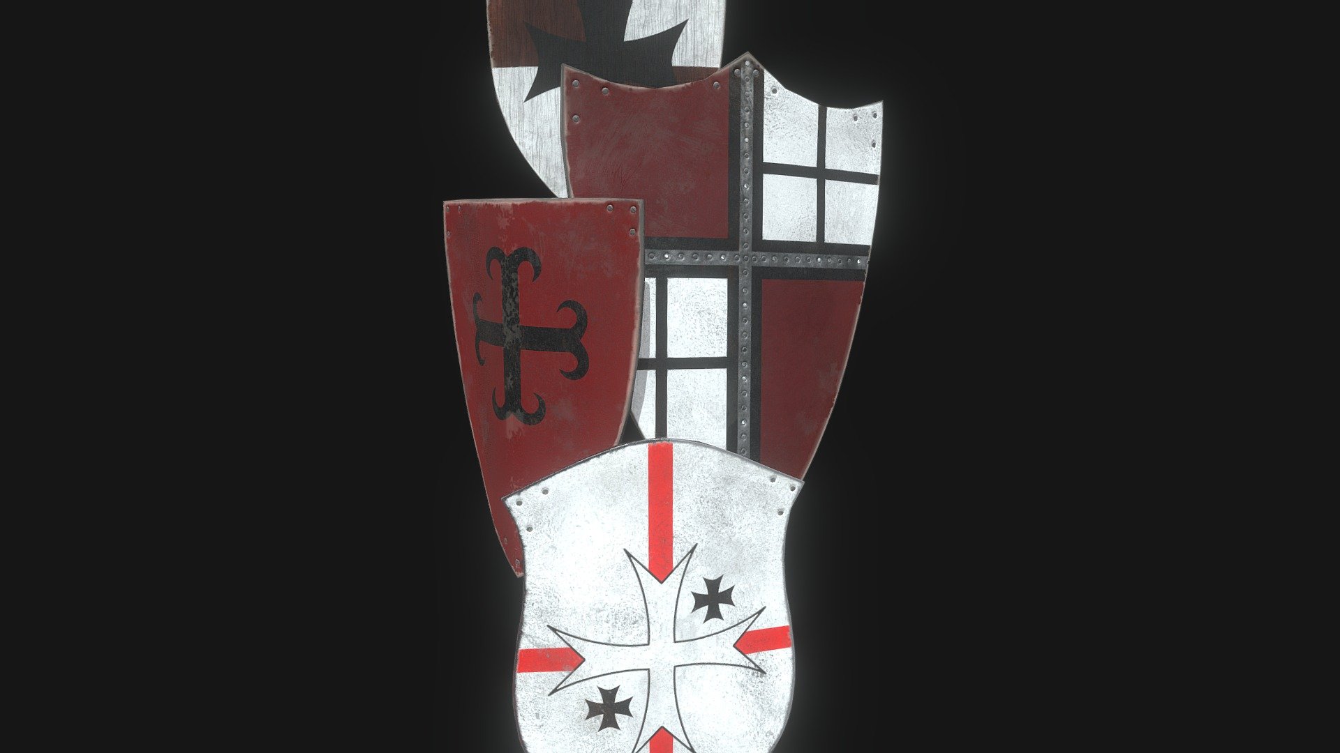 A set of Medieval Kite Shields crested with a Holy Cross!

If you buy any of my medieval Kite shields, the texture sets are interchangeable across all 4 models!

Designed for games in Low-poly PBR including Albedo, Normal, Metallic, AO, and Roughness 4K textures.

Horned Kite - 568 Triangles. Flattop Kite - 496 Triangles. Wooden Small Kite - 532 Triangles. Heater Shield - 640 Triangles 3d model