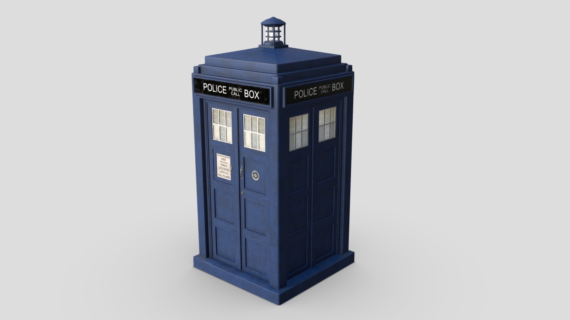 A high-poly model of the last TARDIS from Doctor Who. Modelled in Blender and textured using Quixel Mixer. All materials have been baked into albedo/roughness/metallic/oppacity/emission maps. The texture resolution is 4k. The Blender model includes a non lit-up as well as a lit-up version of the TARDIS. A sonic screwdriver is not included.

Doctor Who is a registered trademark of BBC television 3d model