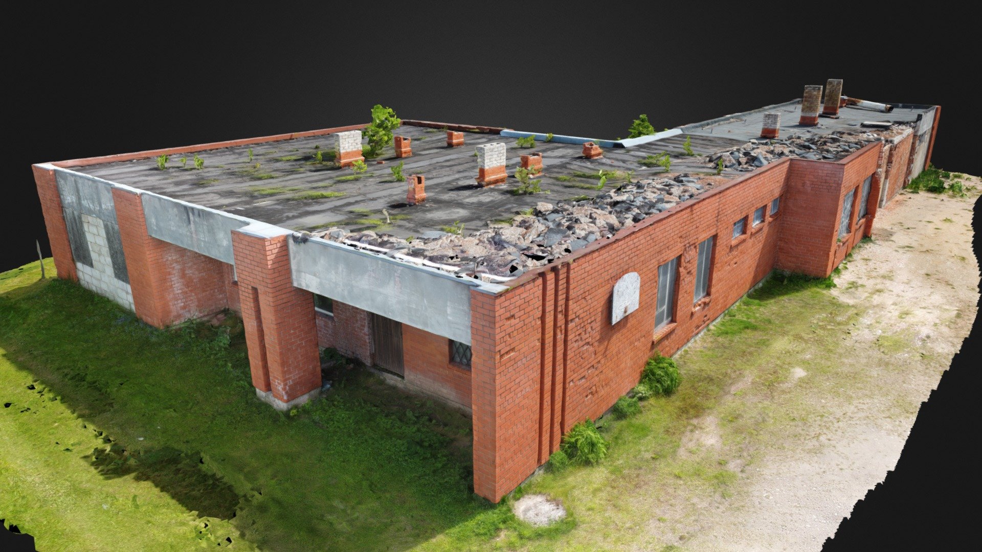 3D scan of an abandoned soviet style brick building.

Broken, partially collapsed roof, red bricks, wooden doors, dirty walls. 

With normal map 3d model