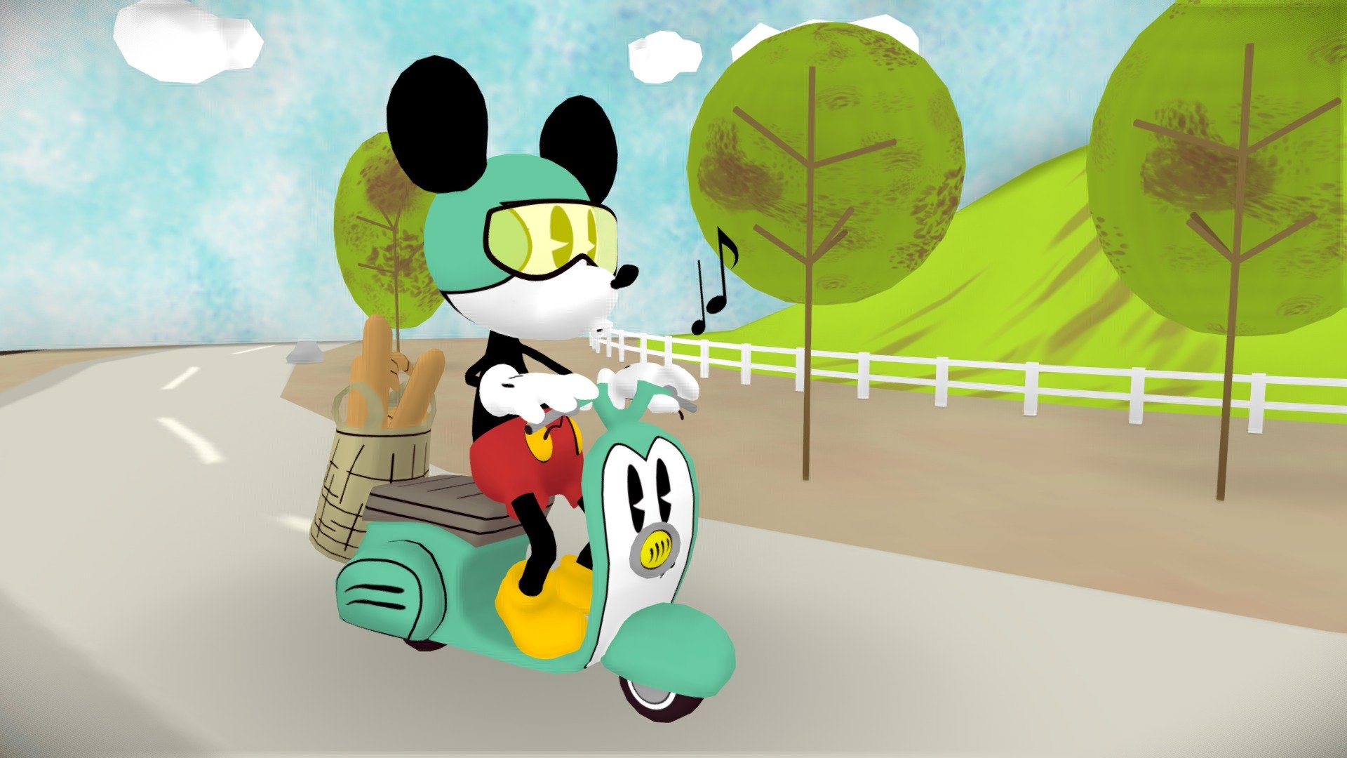 As a fan of the new Mickey Mouse shorts, I was inspired to adapt the character and his new style to 3D. The episode Croissant de Triomphe, where Mickey is in Paris influenced me to make this scene.
The awesomest @twitte_king was more than my assistant in the making of the scene, he helped me do all the troubleshoot in animating it as well as share valuable ideas for how it would turn out. Done fully in Blender with some help of Photoshop in the texturing department 3d model