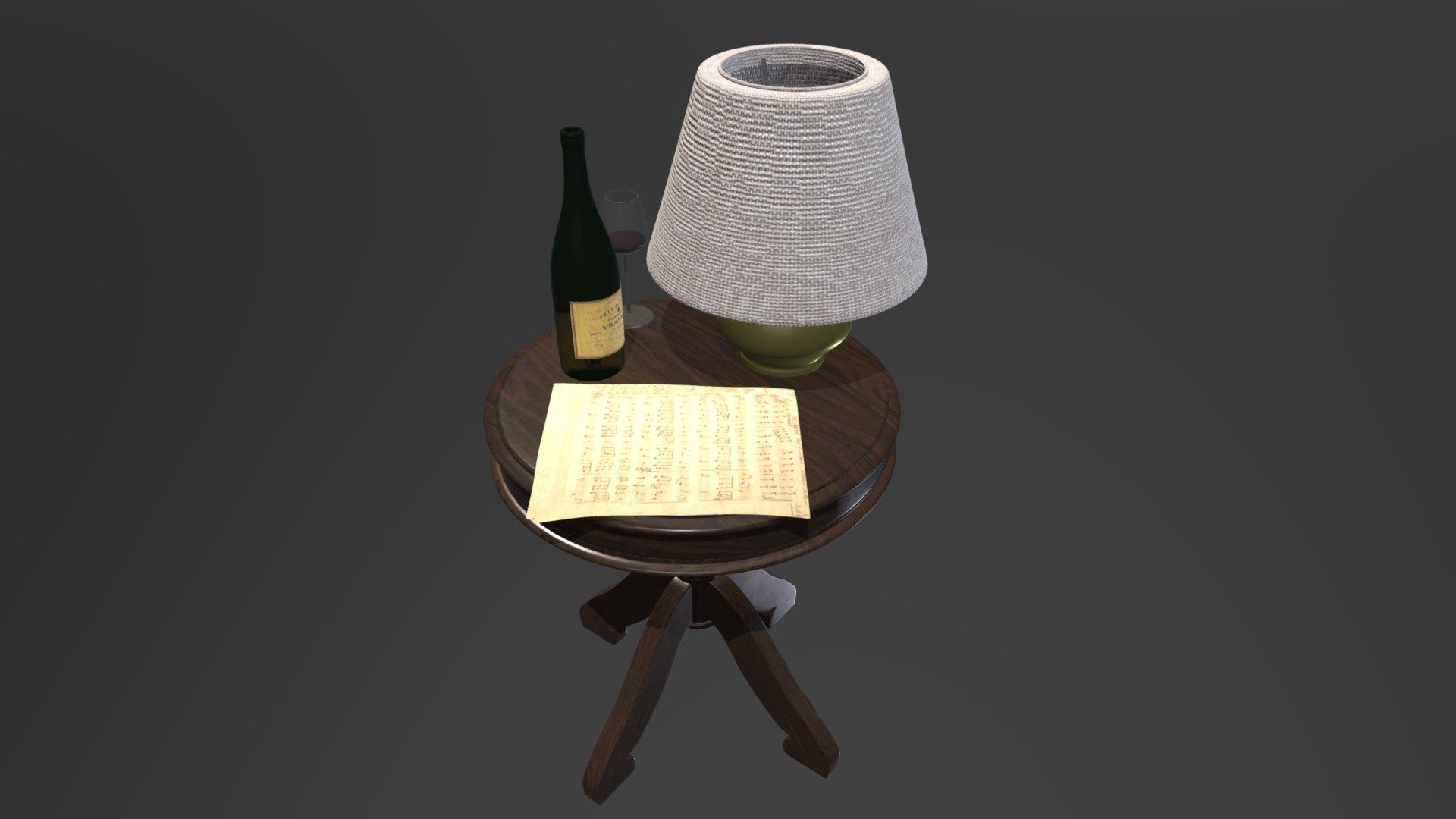 Table with a lamp, bottle, glass and music paper on it - Table - 3D model by Jere Haapaharju (@Haapis) 3d model