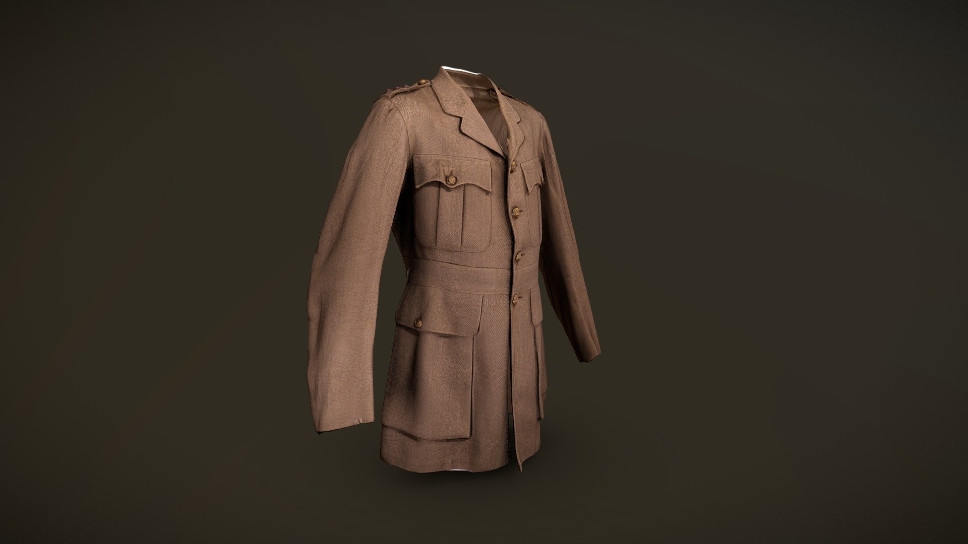 Belonging to Captain N.A. Quicke, WWI. Long, dark, Khaki green jacket, with there being 4 buttons lining the front of the jacket with the inscription “Duke of Cornwalls Light Infantry.” There are 5 pockets lining the front of the coat, 2 on either hip and 2 on either breast, all of which fasten with the same regimental buttons (with the one on the left hip being incredibly weathered to the point it is not distinguishable.) the 5th pocket is a concealed welt pocket that is within the belt band. There are 2 belt hooks on the back of wither hip and a large slit up the back of the garment to help aid movement. The jacket has been well worn, but looked after, evident through the inside lining on either arm pit.

This item originates from the collection at Bodmin Keep Musuem, Cornwall, UK. The model was created by Purpose3D. If you are interested in purchasing the model, please get in touch with Purpose 3D 3d model