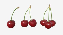 Cherry single double triple green, food, fruit, raw, red, organic, cherry, double, meal, single, fresh, berry, snack, dessert, stem, vegetarian, triple, ripe, 3d, pbr