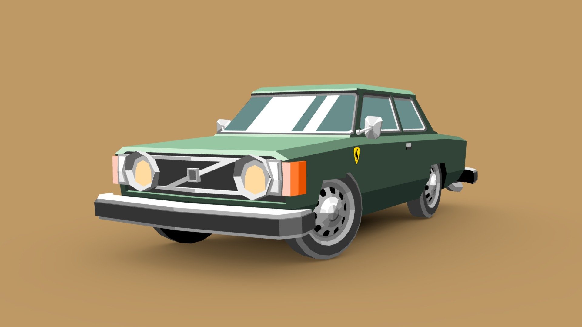 Low poly cartoon style model of the Volvo 142.

The Volvo 140 Series is a line of mid-size cars manufactured and marketed by Volvo from 1966 to 1974 in two- and four-door sedan (models 142 and 144 respectively) as well as five door station wagon (model 145) body styles—with numerous intermediate facelifts. More than a million Volvo 140s were built.

The 144 series, which followed the Volvo Amazon (replacing it in its fourth model year), was the first Volvo to use a tri-digit nomenclature, indicating series, number of cylinders and number of doors. Thus, a &ldquo;142