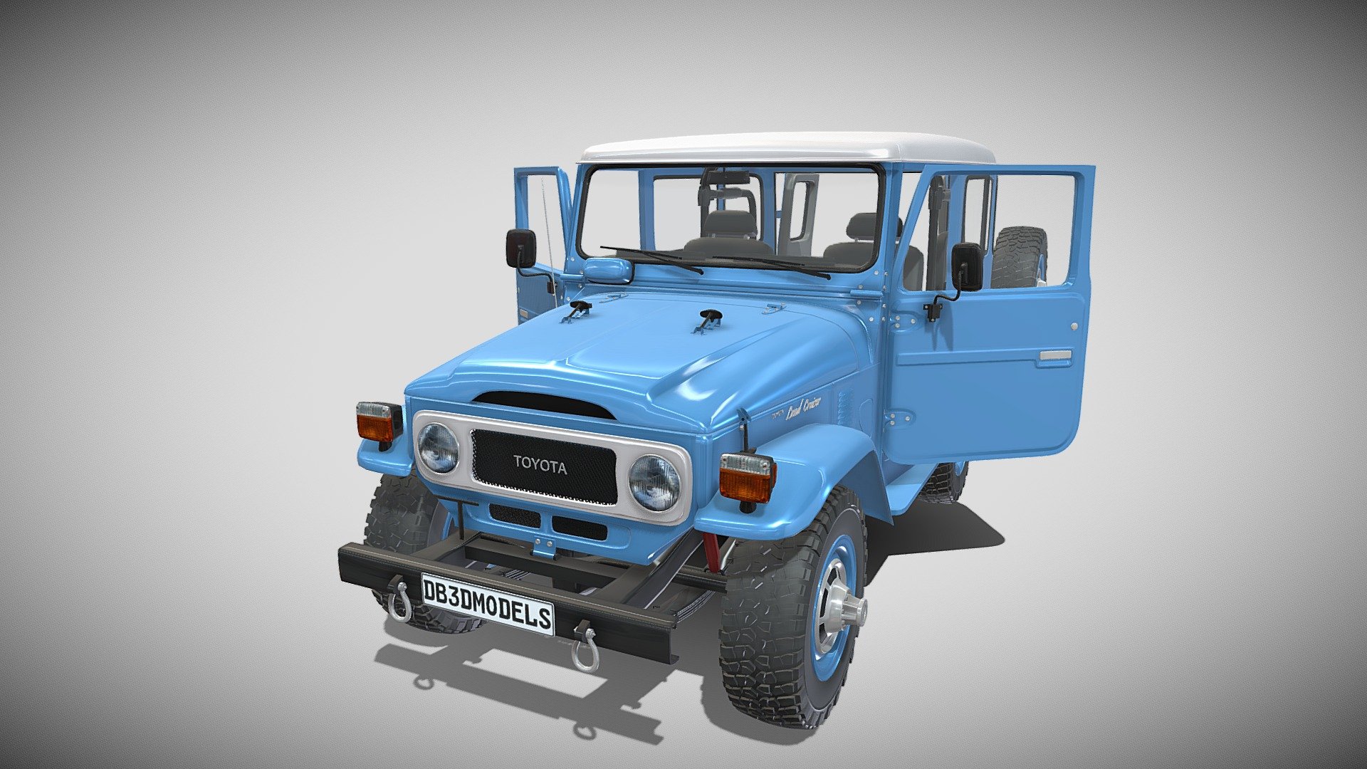 A very accurate model of the Toyota Land Cruiser FJ-40, with a highly detailed interior.

File formats:
-.blend, rendered with cycles, as seen in the images;
-.blend, rendered with cycles, with doors open, as seen in images;
-.obj, with materials applied and textures;
-.obj, with materials applied and textures and doors open;
-.dae, with materials applied and textures;
-.dae, with materials applied and textures and doors open;
-.fbx, with material slots applied;
-.fbx, with material slots applied and doors open;
-.stl;
-.stl with doors open;

3D Software:
This 3d model was originally created in Blender 2.79 and rendered with Cycles.

Materials and textures:
The model has materials applied in all formats, and is ready to import and render.
The model comes with multiple png image textures 3d model