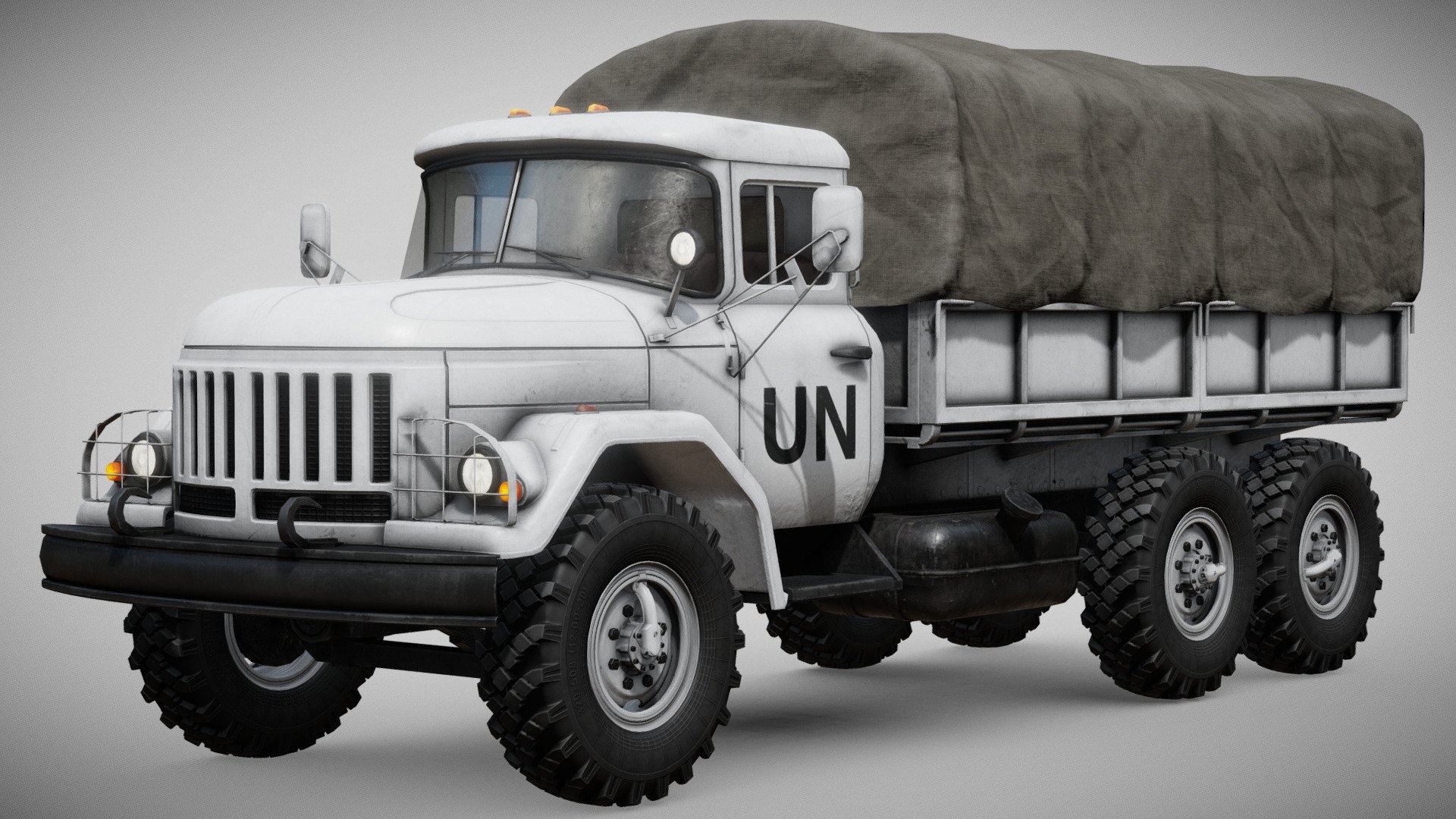 General purpose 3.5 tonne 6x6 army truck designed in the Soviet Union. Here in version with white paintjob and UN markings.

Separate materials for: cabin, interior, glass, frame, cargo bed, cargo bed fabric cover and crates.

Wheels, cargo bed tarp and cargo crates as separate objects.

4k PBR textures for cabin, interior, frame and cargo bed and cargo bed cover. 2k for crates and wheels. 1k for the glass.

Textures for glass with alpha transparency 3d model