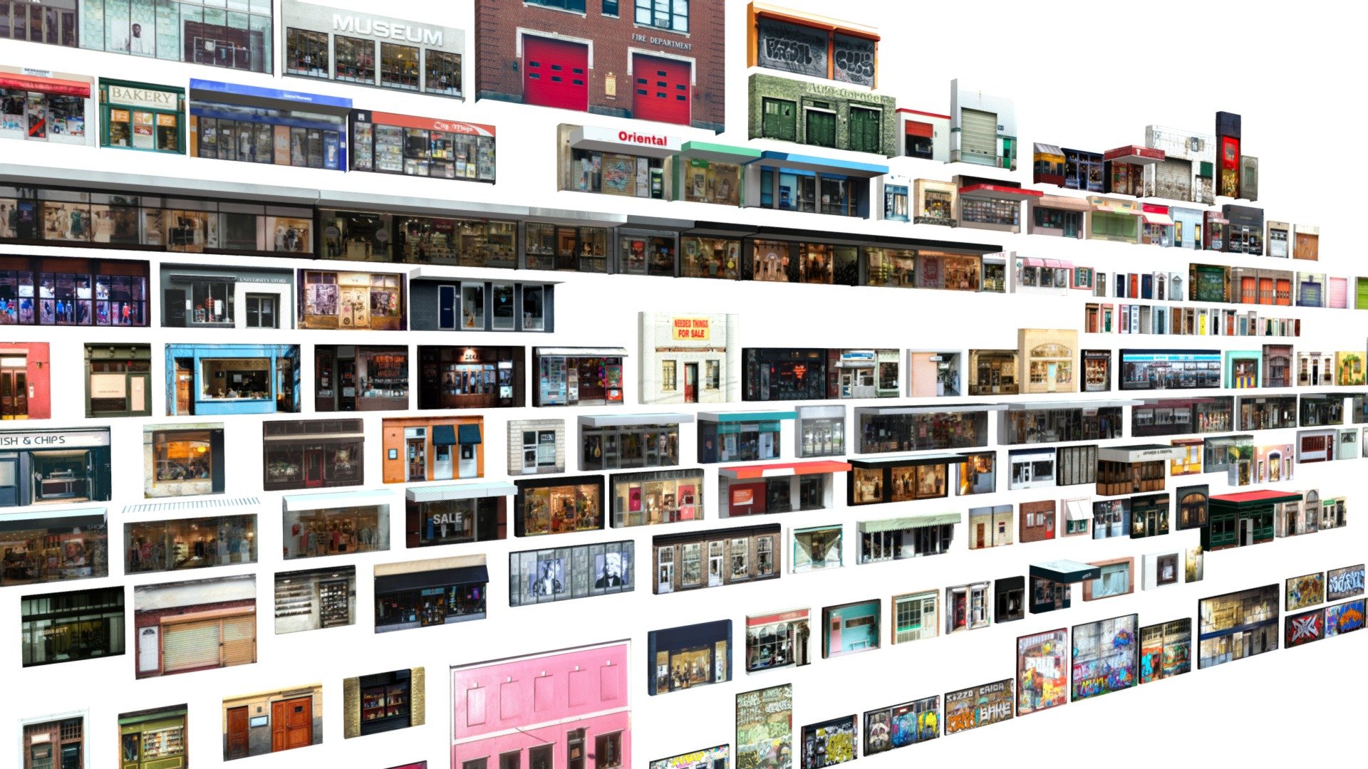 Huge pack of storefront low-poly models, perfect for game engines. The pack includes 187 items. Comes with 10000 x 10000 px color texture 3d model