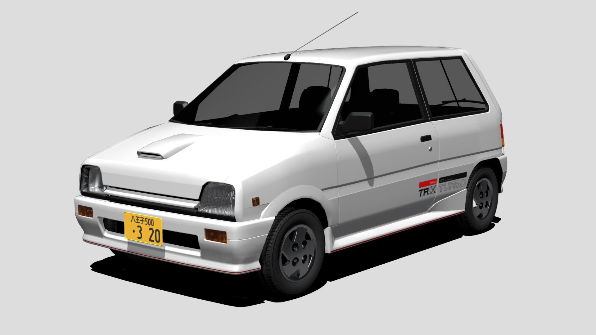 The TR-XX is a spicy version of Daihatsu's little Mira. It mechanically is the same as the Turbo but features new sporty bodykit including a hoodscoop, an double-lip rear spoiler, new bumpers and sideskirts and fancy alloys! It featured aswell a Turbocharged 550cc inline 3 and funky seats 3d model