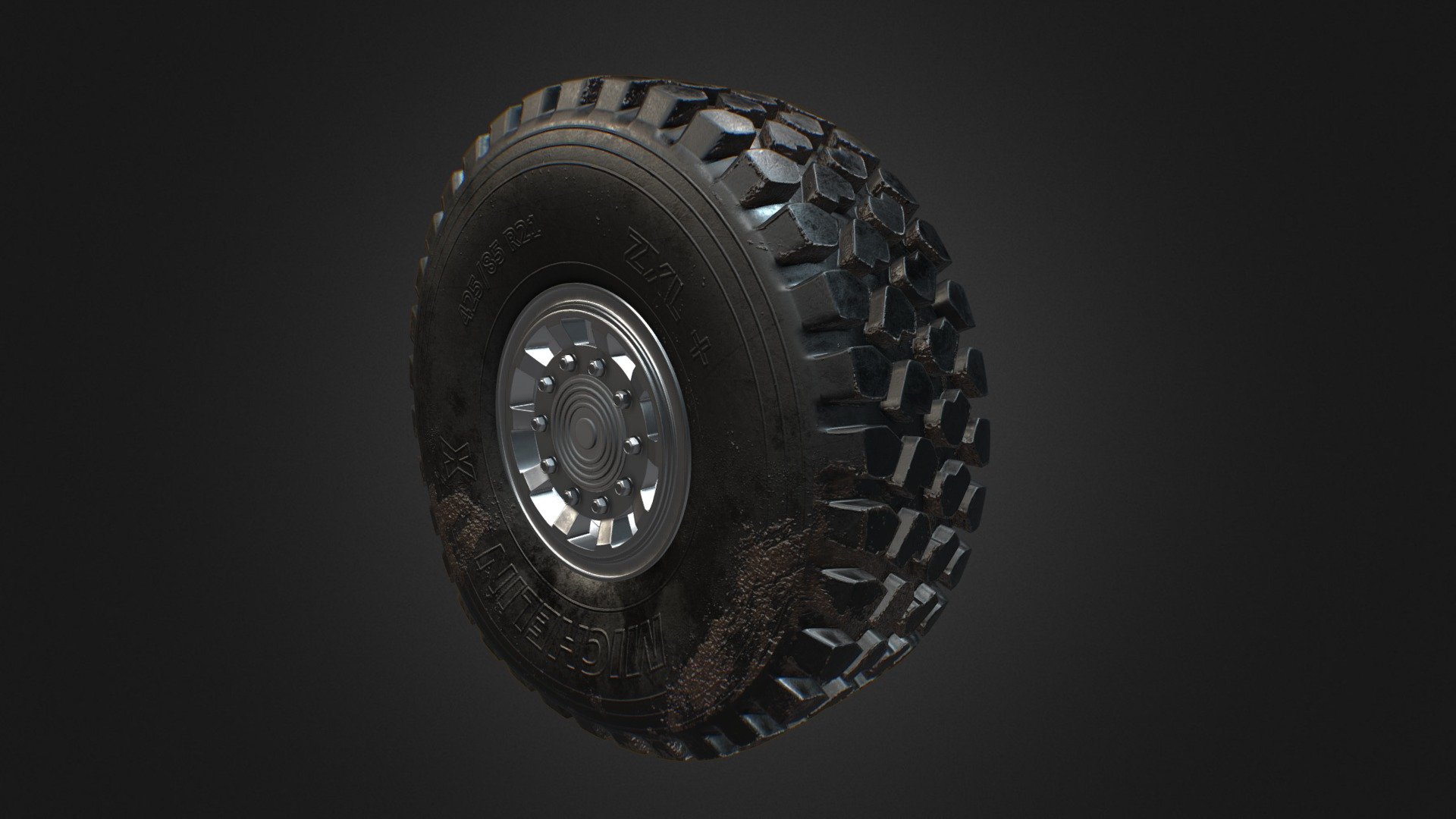 MICHELIN X OFFROAD TYRE 3d model

Dakar trucks (like Kamaz team etc.) and special military trucks (like Falcatus) use this tire.

MICHELIN X OFFROAD TIRE 3d model is a high quality and photo-real model. It has a fully textured, detailed design that allows for close-up renders so it will enhance detail and realism to your projects.

WHAT DO YOU GET: - Two types of a wheel model: loaded rubber (pressured) and unloaded rubber (not pressured) - 4 different PBR shaders (metallic/roughness) of a dirty rubber for every wheel (4x color maps, 4x metallic maps, 4x roughness maps, 4x normal maps, 4x height maps) which you can use in every contemporary renderers and game engines.

SPECIFICATIONS

Tire: 26,112 polygons Disc: 11,500 polygons Screws: 2,010 polygons Cap: 1,679 polygons

All textures have a 4k resolution (4096x4096 pixels)

All parts of the model have a UV mapping and Non-overlapping unwrapped UVs

Hope you like it and happy rendering! - MICHELIN X OFFROAD TIRE DIRTY - 3D model by Arseny Lavrukhin (@alav) 3d model