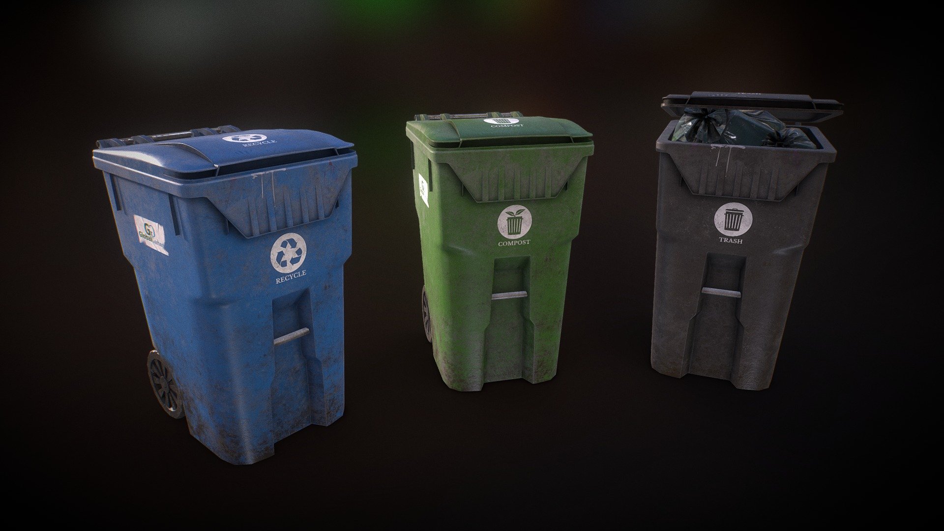 3D Low Poly game ready model of a Plastic Trash Bin with garbage bags. 

Model includes clean and dirty PBR textures with 3 different colors (green, blue and black), each one of the labeled (as compost, recycle and trash) and with a non-existing brand:


Created with 3ds Max 2018
Textured in Substance Painter
Real-world scale and centered
UnwrapUVW included
The unit of measurement used for the model is centimeters
Polys: Trash Bin - 2515 each (4827 tris). Garbage bags - 1239 for both (2425 tris). 
PBR Materials with 4k textures (1 for trash bin and 1 for bags)
Pivot correctly placed to animate lid
Textures included: Albedo, Normals, Metalness, Roughness, AO.
Rendered in Marmoset Toolbag

Archive includes:


Trash Bin model with clean and dirty textures in 3 different colors
2 Garbage bags models with textures and 3 different albedos
High-res textures.

Included formats: FBX / OBJ / 3DS

This model can be used for any game, personal project, etc. You may not resell any content - Plastic Trash Bin with Garbage Bags - Low Poly - Buy Royalty Free 3D model by MSWoodvine 3d model