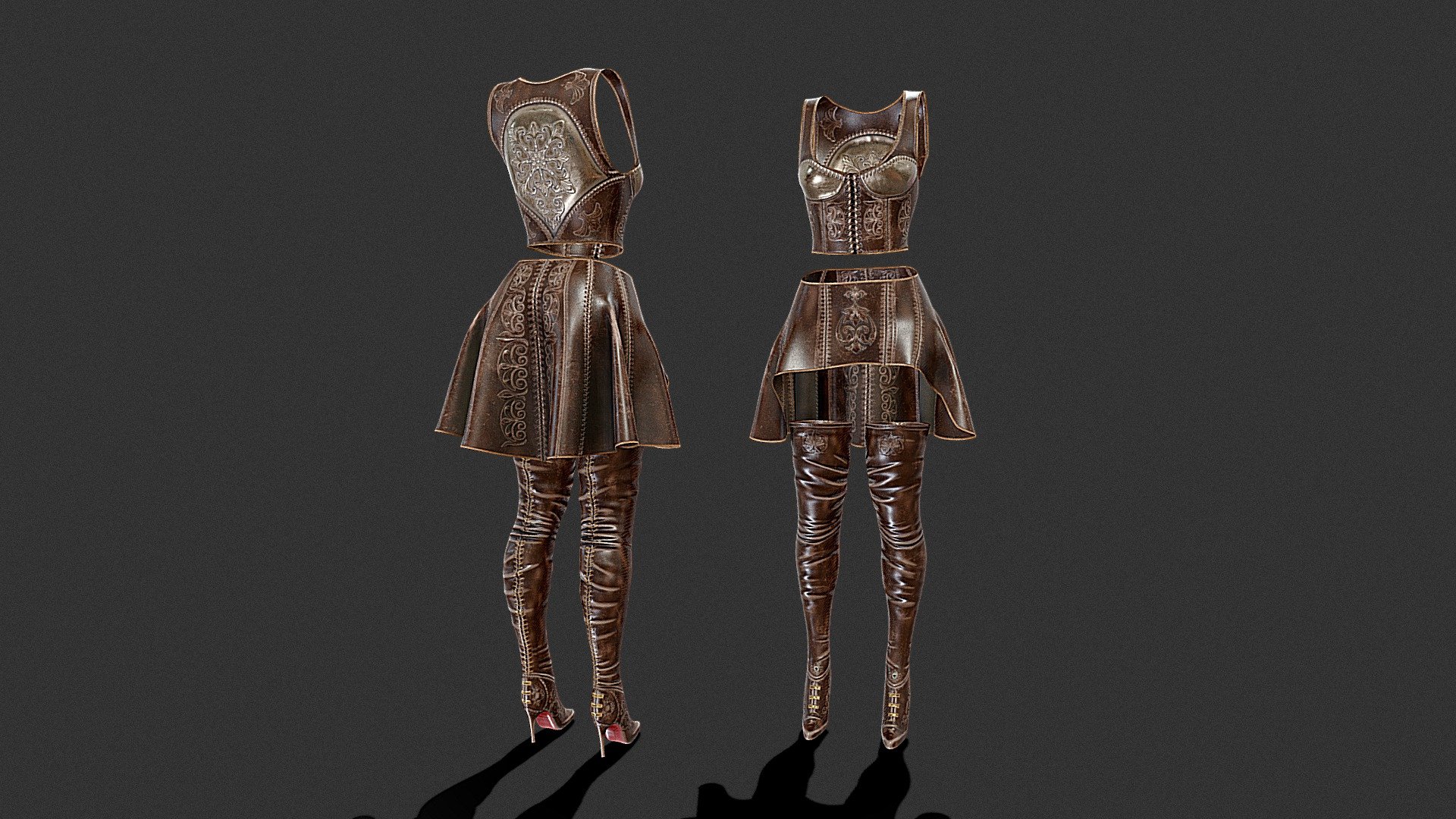 I aimed to design a contemporary armor infused with Enchian aesthetics, featuring a distinctive material and color palette. The concept portrays a formidable elven queen in her prime, emanating strength. The armor seamlessly blends leather and gold elements, strategically cut to accentuate her form while enhancing her prowess on the battlefield 3d model
