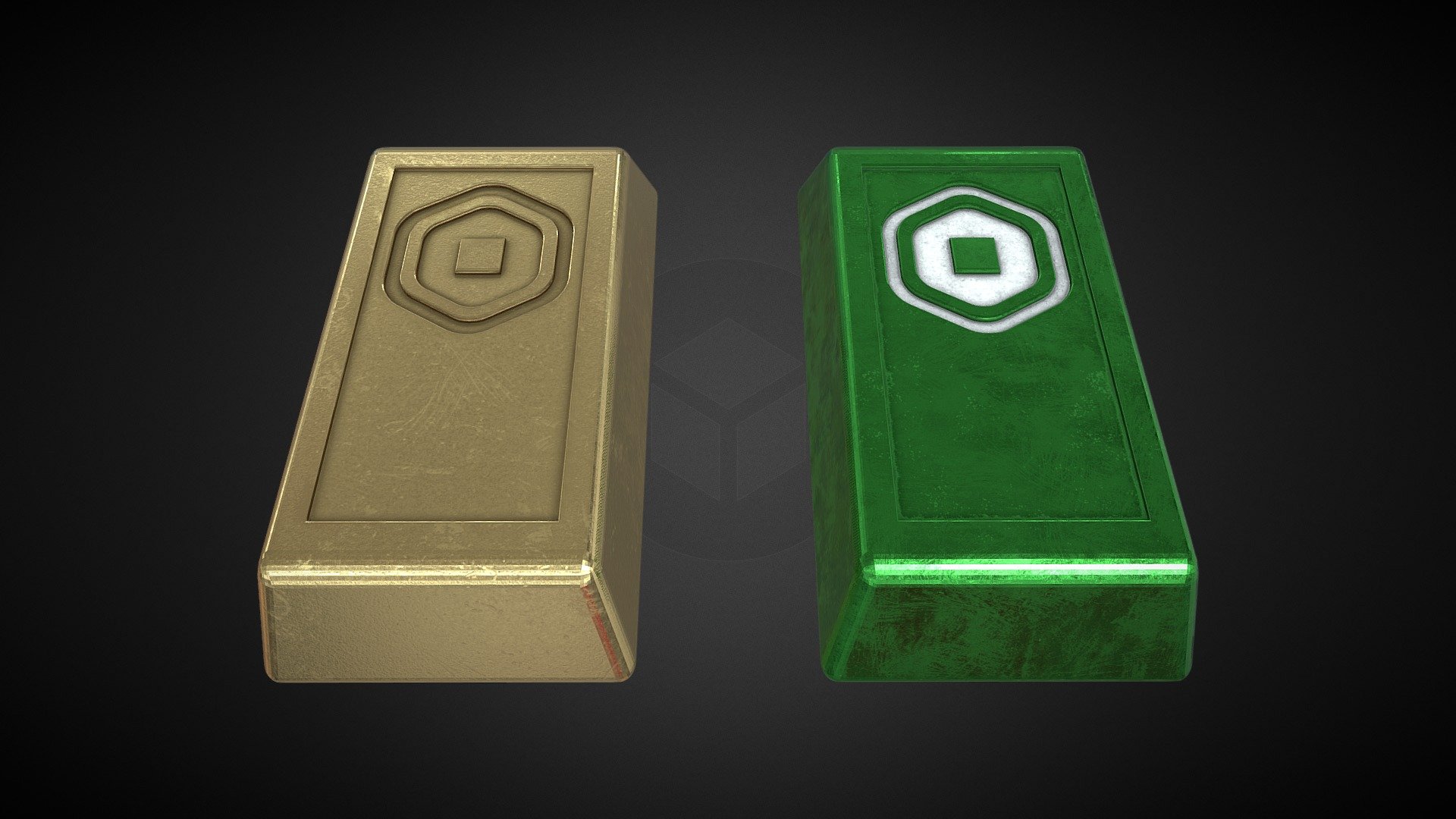 I made gold and green+white colored ingots for robux.

This model contains 2 objects with 5 textures each.


Base color
Normals
Height
Roughness
Metallic

The textures are already embedded 3d model