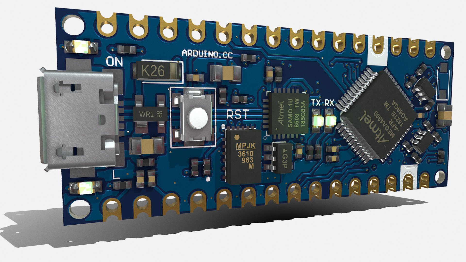 3D Model of the famous ARDUINO NANO EVERY.
Description is visible here : https://store.arduino.cc/products/arduino-nano-every?selectedStore=eu

Model designed from the EAGLE files availble in the web site and with blender tools v2.93.6.

All components can be modified (translate, delete,…). 
Don’t hesitate to comment somes hardware references that you want to see in sketchfab - Arduino Nano Every - Buy Royalty Free 3D model by F2A (@Fa_Sketch) 3d model