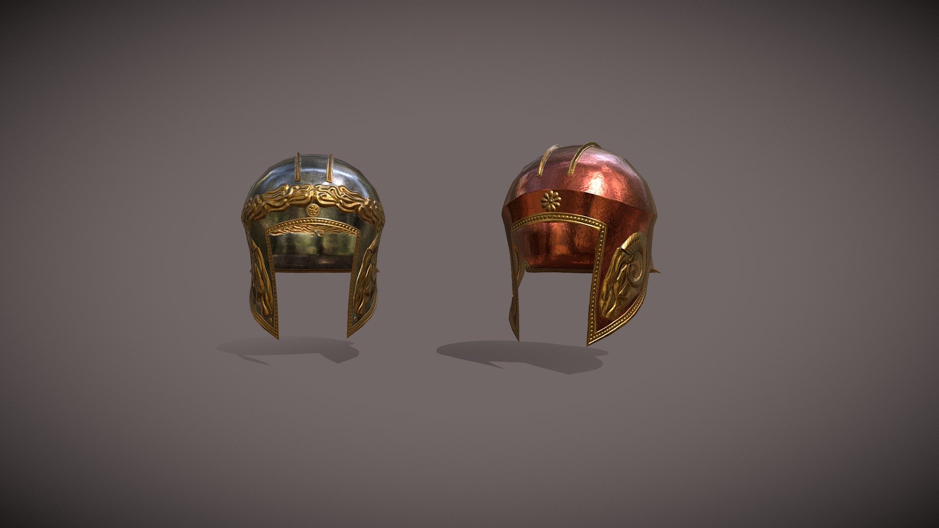 These are Illyrian helmets, which are noticeable for having accute cheekguards and an overall shape that nearly covers all of the head. Additionally, there's the detail of the helmet always being open in the front.

Made for the RTR: Imperium Surrectum mod, for the game Rome Total War Remastered.

Made in Blender - 716 vertices each

The creative process is as follows: 
- a low poly model is made.
- a copy from the low poly is made and made high poly, via a subdivision modifier and a multi-res (not applied), which brings the mesh to over 10 million vertices. This is to ensure detail precision.
- Details are sculpted onto the high poly mesh
- Detail work is baked from high to low poly mesh
- Any colour work is done in texturepaint.

Some minor steps have been learned since the previous upload, namely the simple addition of SubD mod to the high poly mesh before working with the multires, or sculpting metal roughness to give the model more character 3d model
