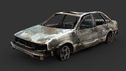Burned-Out Car sedan, post-apocalyptic, destroyed, burnt, burned, 4ktextures, asset, vehicle, lowpoly, gameasset, car, gameready