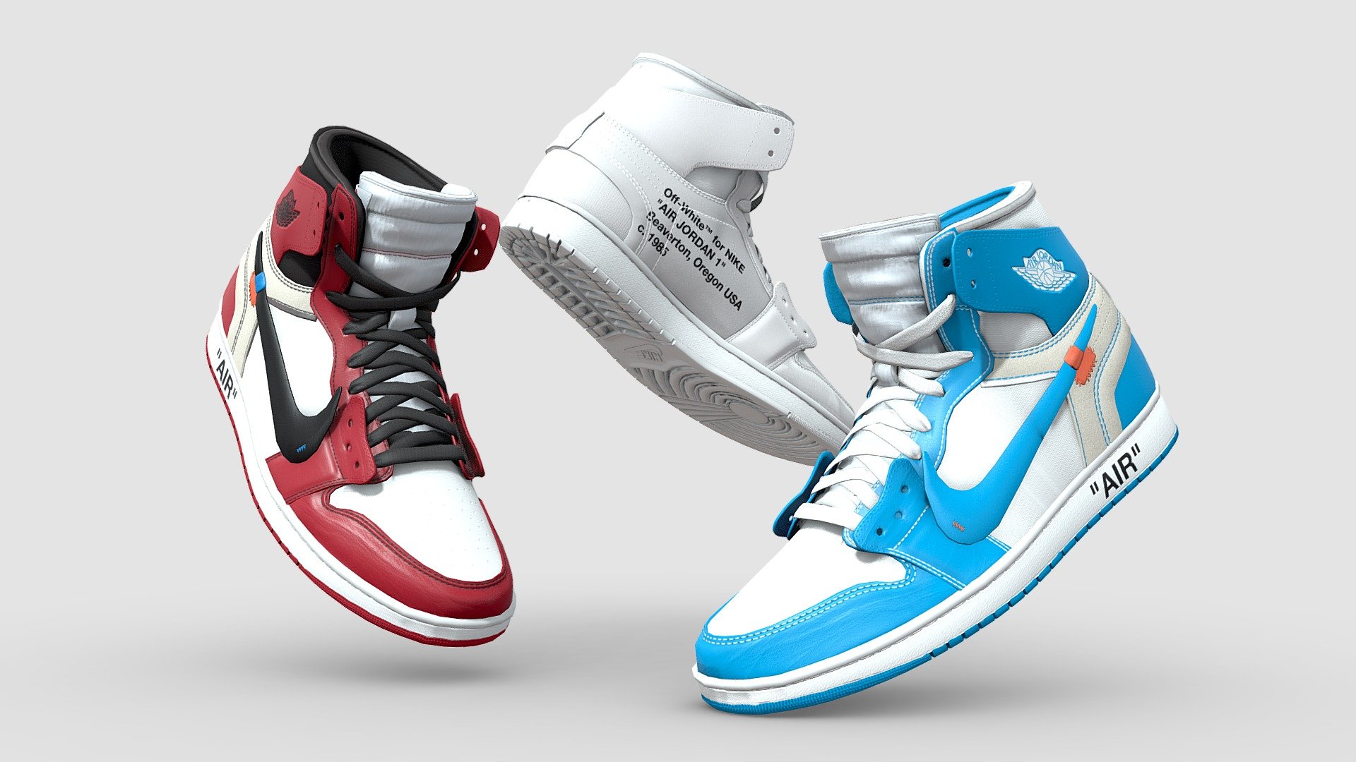 One of the most hyped sneakers of 2018. The Air Jordan 1 x Off White features a half finished, in construction type of look, with exposed foam and hastily stitched on swoosh. All three colourways that dropped are featured in this pack

Modelled in Blender and textured in Substance, no detail went overlooked in the creation of this shoe. As a result it is subdivision ready. Unwrapped with quality at the forefront, the four texture sets allow the materials to take centre stage. 

What's included
The &ldquo;OneMesh