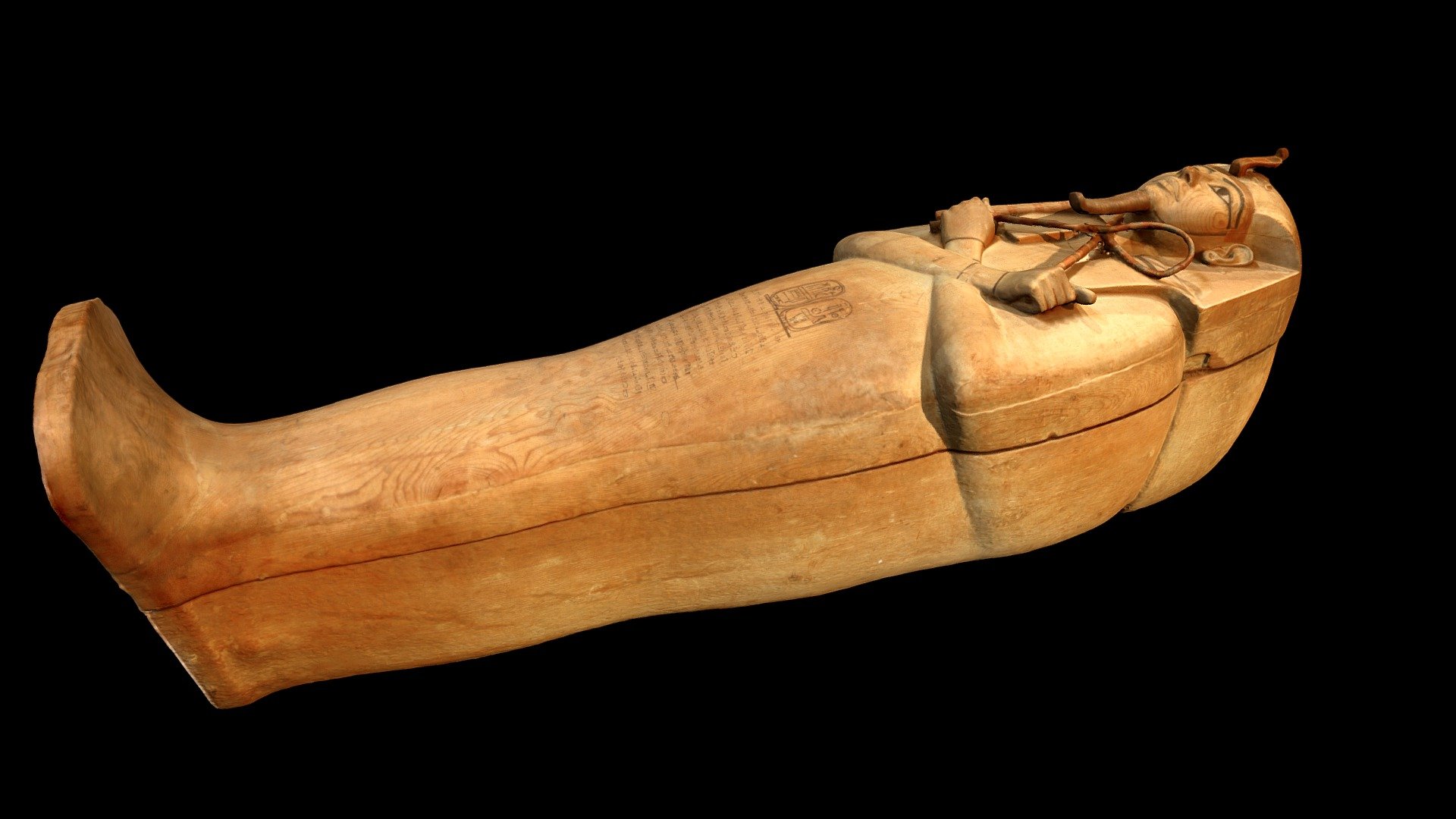 Wooden coffin of pharaoh Ramses II in the Egyptian Museum, Cairo, Egypt (CG 61020).  This is the wooden coffin in which the mummified remains of Ramses II were found when it was recovered as part of the Royal Mummy Cache in tomb DB320.  His tomb had been opened in antiquity and his mummy removed from its original coffin, rewrapped and placed in this reused coffin before being reburied.  It has been argued that this wooden coffin was originally made to house the remains of pharaoh Horemheb, before being reused for the reburial of Ramses II 3d model