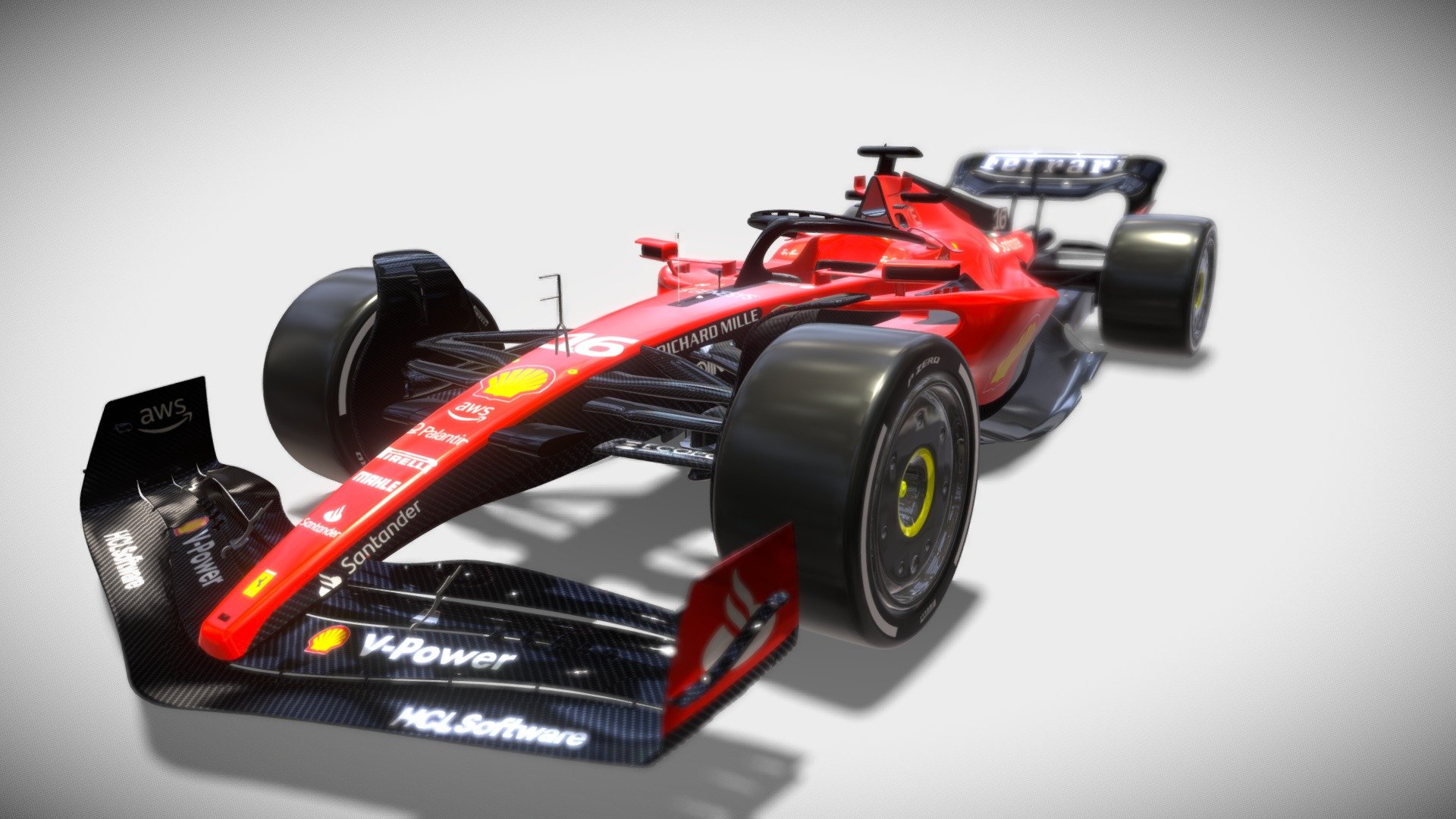 3D model of the Ferrari's F1 car for the 2023 season. 
The model, created in Solidworks and subsequently imported in Blender for the material and texture generation, represents the current car with a high degree of fidelity in details and dimensions. Components such as wheels and tires are removable and interchangable 3d model