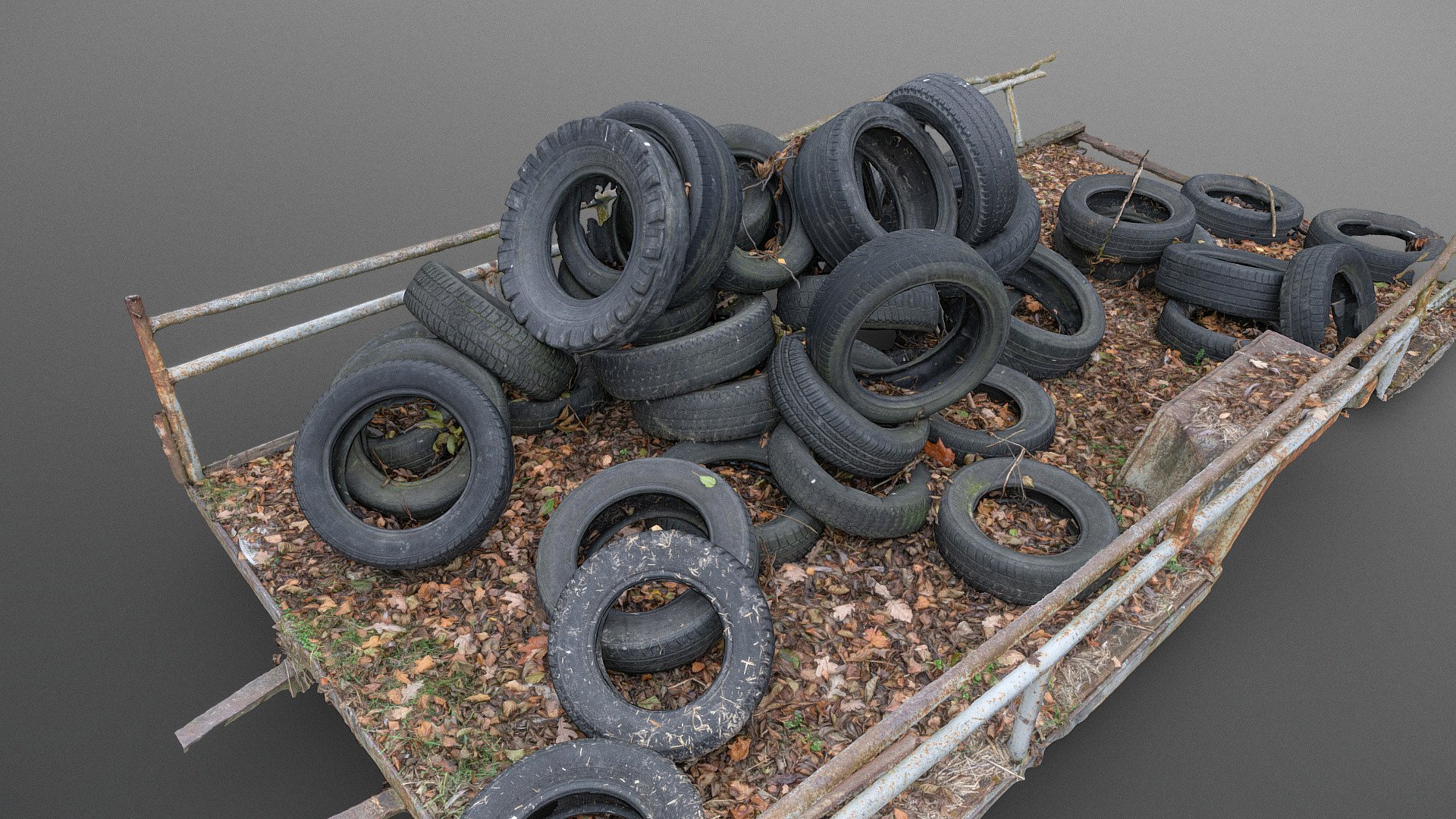 Full hull trunk Truckload of old used vintage car tyres tires wheels heap pile waste with some leaf foliage

photogrammetry scan (220x24mp), 3x8k textures + hd normals - Truckload of tyres - Download Free 3D model by matousekfoto 3d model