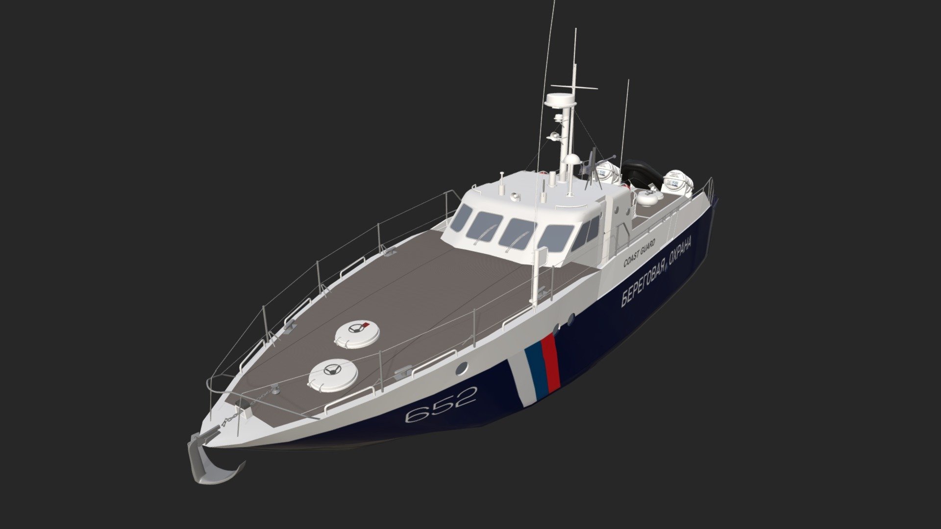 The high-speed patrol boat Mongoose of project 12150 is designed for:

actions for calling and carrying out duty duty in territorial waters, monitoring the compliance of ships and vessels with the established navigation regime on the external and internal roads of ports and harbors, as well as in the adjacent coastal areas of the seas; carrying out emergency rescue operations, rescue of crews and passengers in case of accidents of ships, boats, vessels and other watercraft; ensuring environmental safety. Currently, the Mongoose high-speed patrol boats of the 12150 project are being built in a large series (more than 70 units have been built) for the needs of various departments (the Coast Guard of the FSB of Russia, the Russian Navy, the Ministry of Internal Affairs of Russia, the FCS of Russia, the EMERCOM of Russia, commercial organizations, etc.) in various configurations (with diesels of various brands, water cannons, Arneson drives, etc.) 3d model