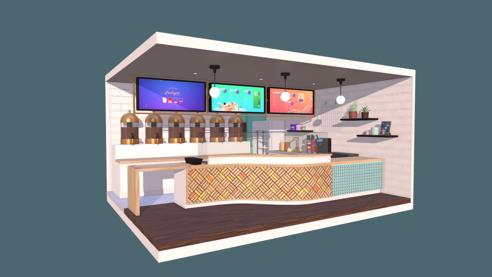 Diorama of the interior of a Chatime store modelled in Maya, and textured using Photoshop 3d model
