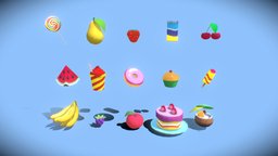 Yummy low poly pack scene, food, fruit, cake, assets, cherry, apple, cupcake, candle, banana, icecream, props, watermelon, lolipop, hyper, milkshake, coctail, unity, unity3d, game, gameart, gameasset, hypercasual