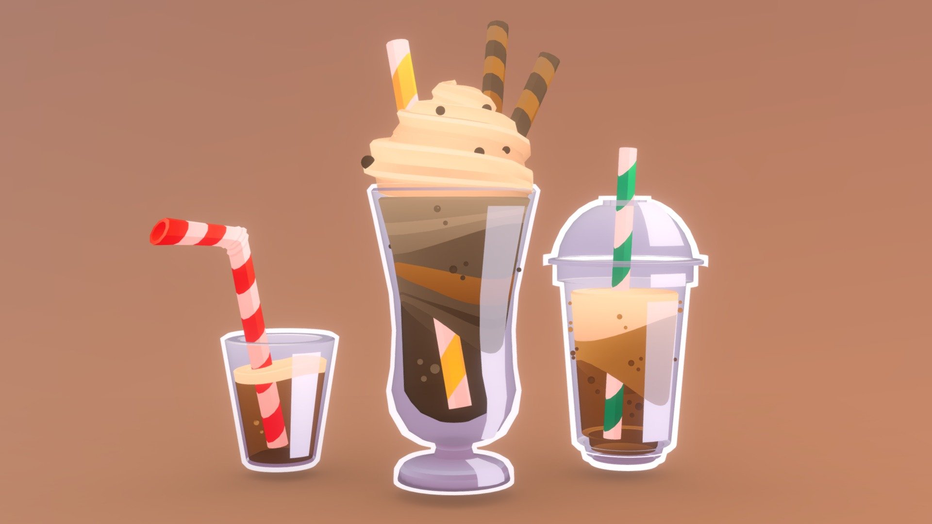 Low poly cute iced coffee drinks pack. 

Textured with gradient atlas, so it is performant for mobile games and video games.

There are 2 materials, the glass and the liquid are slightly transparent.

Like a few of my other assets in the same style, it uses a single texture diffuse map and is mapped using only color gradients. 
All gradient textures can be extended and combined to a large atlas.

There are more assets in this style to add to your game scene or environment. Check out my sale.

If you want to change the colors of the assets, you just need to move the UVs on the atlas to a different gradient.
Or contact me for changes, for a small fee.

I also accept freelance jobs. Do not hesitate to write me. 

*-------------Terms of Use--------------

Commercial use of the assets  provided is permitted but cannot be included in an asset pack or sold at any sort of asset/resource marketplace.* - Stylized Ice Coffees Pack - Buy Royalty Free 3D model by Stylized Box (@Stylized_Box) 3d model