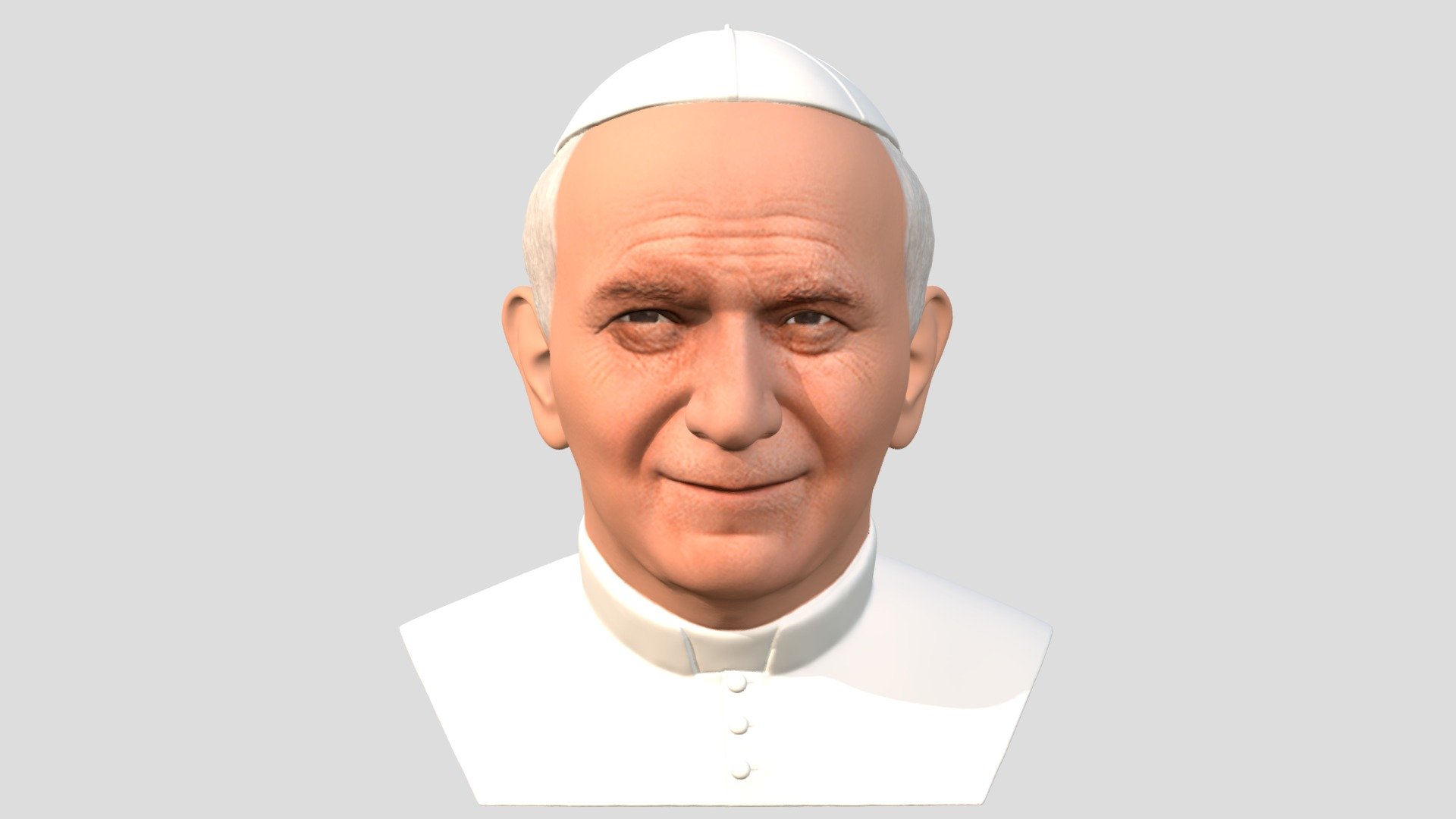 Here is bust Pope John Paul 2 3D model ready for full color 3D printing. The model current size is 5 cm height, but you are free to scale it. Zip file contains obj with texture in png. The model was created in ZBrush, Mudbox and Photoshop.

If you have any questions please don’t hesitate to contact me. I will respond you ASAP. I encourage you to check my other celebrity 3D models 3d model