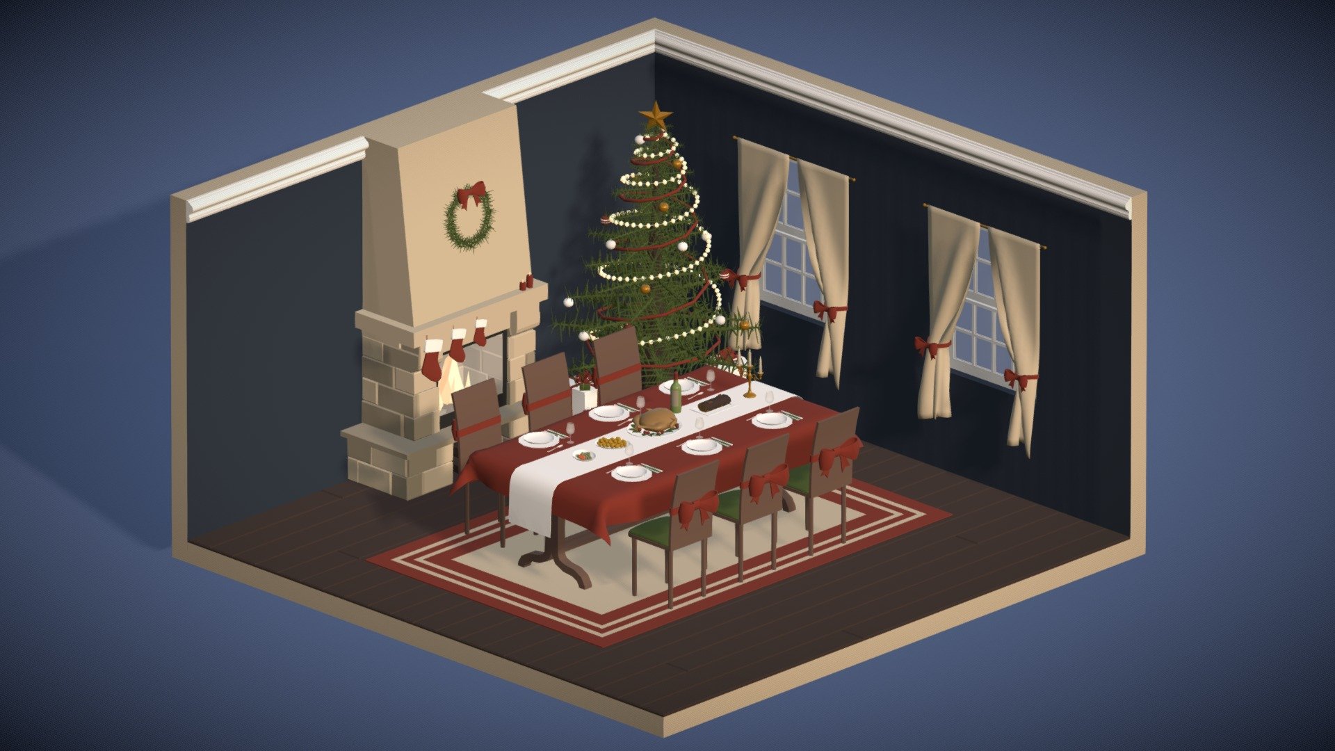 Hello everyone!

I am pleased to present to you this Christmas dinner that will blend in with any decor of this style ! You can integrate this mini scene in all your games or animations and create a unique decor of which only you have the secret ! This pack contains:

Table
Chairs
Tableware (flat plates, soup plates, forks, knives, spoons, wine glasses, dishes)
Christmas turkey
Potatoes
Carrots
Brussels sprouts
Yule log
Bottle of wine
Fireplace
Christmas tree
Christmas decoration
Curtains
Gifts
Christmas socks
In fact, everything you see in the images above. Let yourself be carried away by your imagination ! Enjoy ! - Christmas dinner - Buy Royalty Free 3D model by ApprenticeRaccoon 3d model