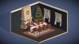 Christmas dinner tree, fireplace, food, other, turkey, xmas, dinner, ornament, christmas, candle, furniture, gift, candlestick, isometric, curtain, tableware, dining, sock, lowpoly, house, decoration, interior