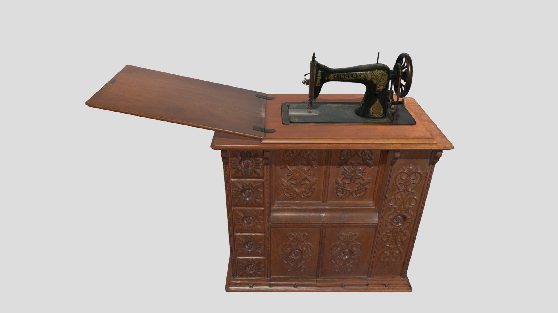 The Singer kl. 15-30 sewing machine was designed for use in homes and in small sewing workshops. The body and plinth of the machine were made of cast iron covered in black lacquer. The entire machine was richly adorned with decal patterns named Gingerbread or Tiffany. The heavy arm of the machine was placed in a model 22 wooden cabinet. The richly decorated, Victorian-style cabinet doubled as a piece of furniture when the machine was not in use. A special mechanism in the form of a button placed at the front of the machine, on the upper right door, enables the machine arm to be retracted or pulled out. The housing has five drawers which could be locked with a key from the inside. The front and side panels are designed so that they can be opened, which facilitated access to the pedal mechanism. 

Manufacturer: The Singer Manufacturing Company, 1908-1910, Wittenberg, Germany

Inv. No.: MIM999/IX-60

Model prepared on the basis of photogrammetric measurements

Licence: CC BY-NC-SA - Singer, kl. 15-30 sewing machine - Download Free 3D model by Museum of Engineering and Technology, Krakow (@mitkrakow) 3d model