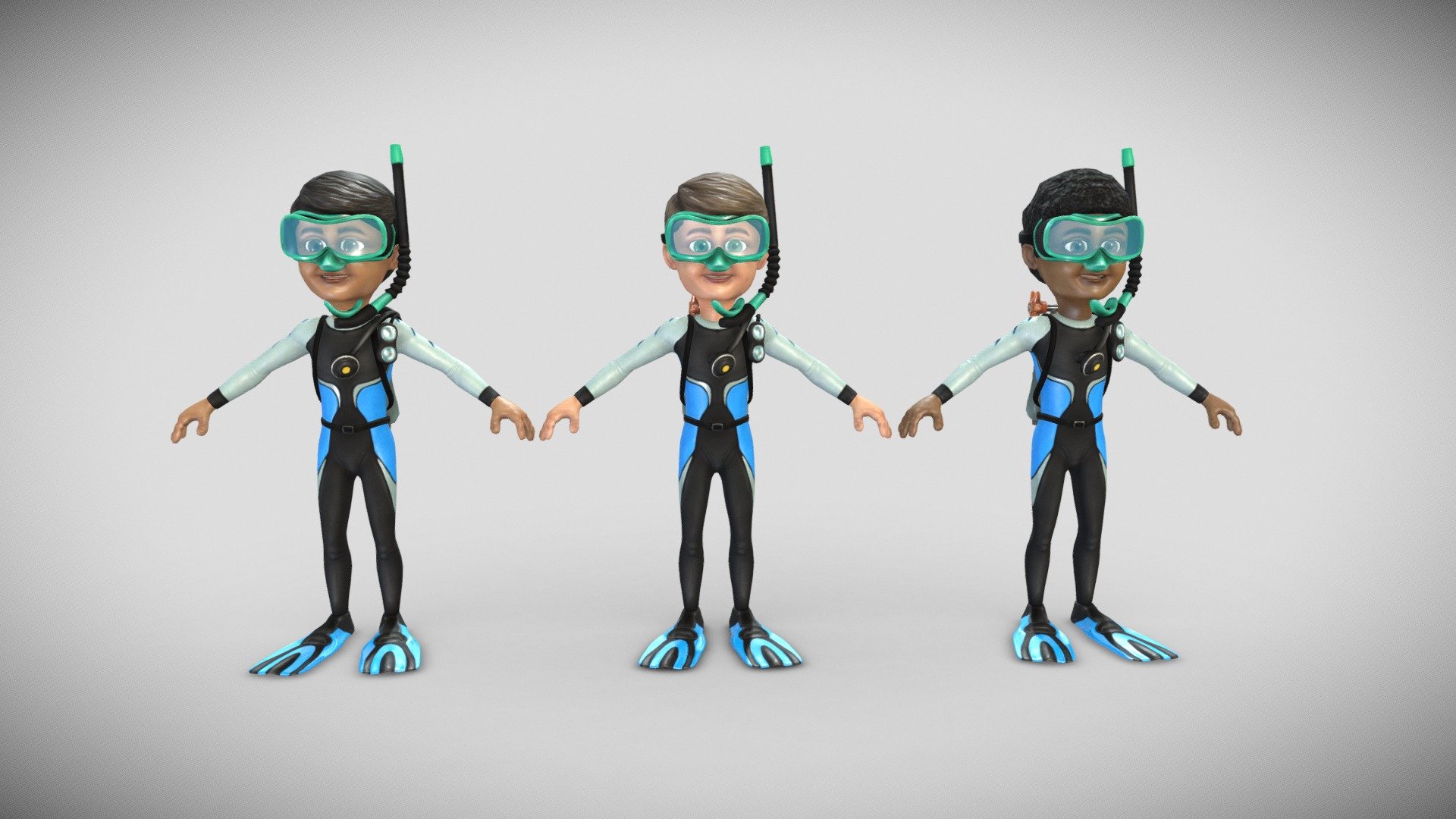 A child (Boy) model dressed for Scuba Diving. White, Latino, and Black versions included.

Color, Specular/Gloss, Occlusion, and Normal maps are 4096.

Collada, FBX, and OBJ formats included 3d model