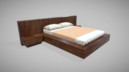 Bed with Wooden Headboard Low Poly room, modern, frame, bed, bedroom, platform, pillow, luxury, cover, furniture, mattress, minimalist, headboard, comfort, design, home, wood, interior