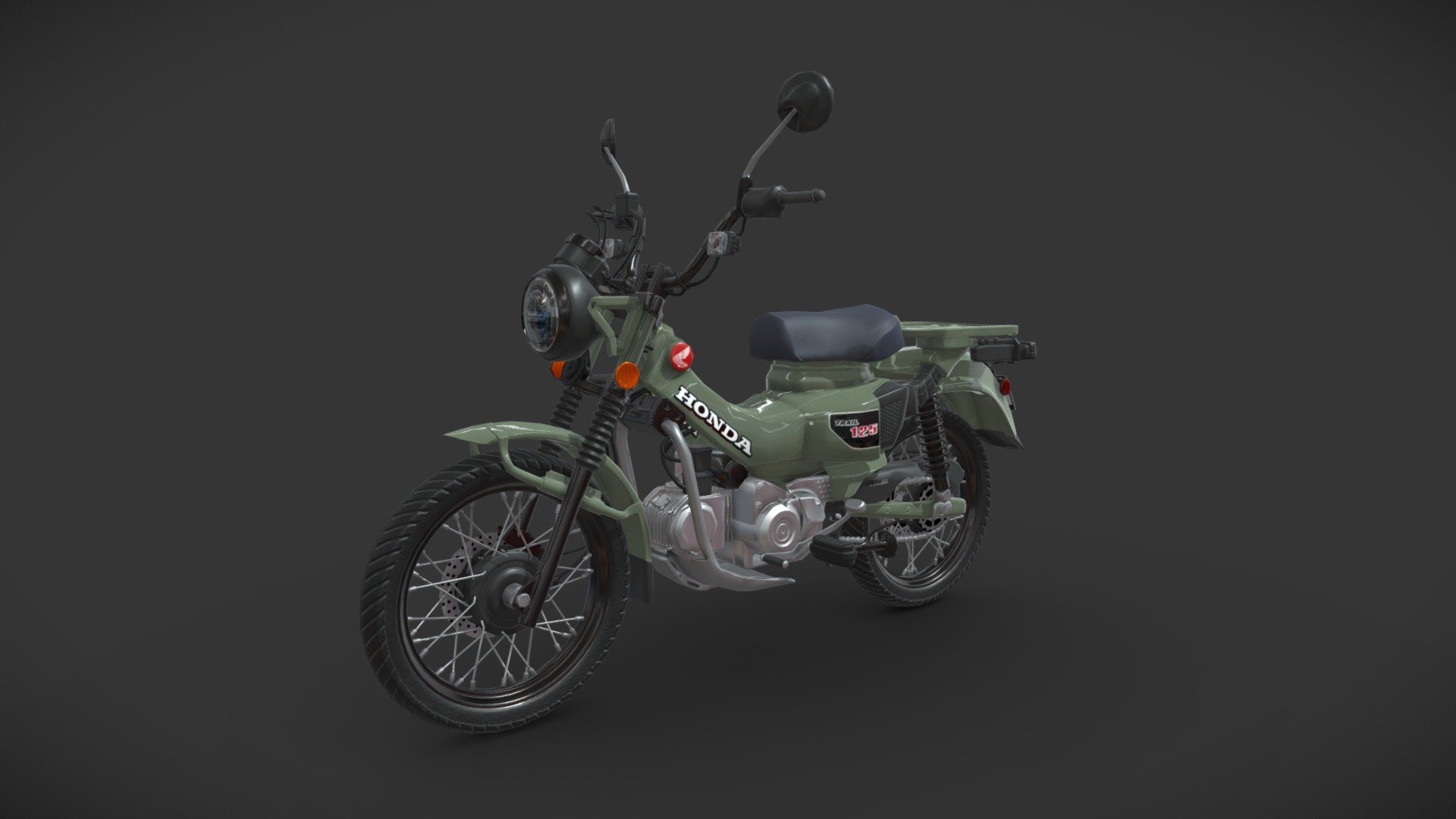 This is Honda Trail 125 ABS 3d Model.

This is in Pearl Organic Green Color of Honda Trail 125 ABS.

The model was created in Maya 2018, rendered with Substance painter, Clean topology based on quads. Detailed High quality model.

All Materials in this pack are provide with all named.

Model Type: Polygonal
Polygons: 41,336
Vertices: 43,488
Formats available: Maya ASCII 2018, Maya Binary 2018, FBX , OBJ
Textures: Color, Normal, Metallic, Roughness, Ambient Occlusion, Displacement and Alpha
Texture Resolution: 4096 x 4096 pixels

If the price is not suitable for you can contact me and discuss the price.

Please don't forget to rate the model.

Hope you like it!

Thank You 3d model