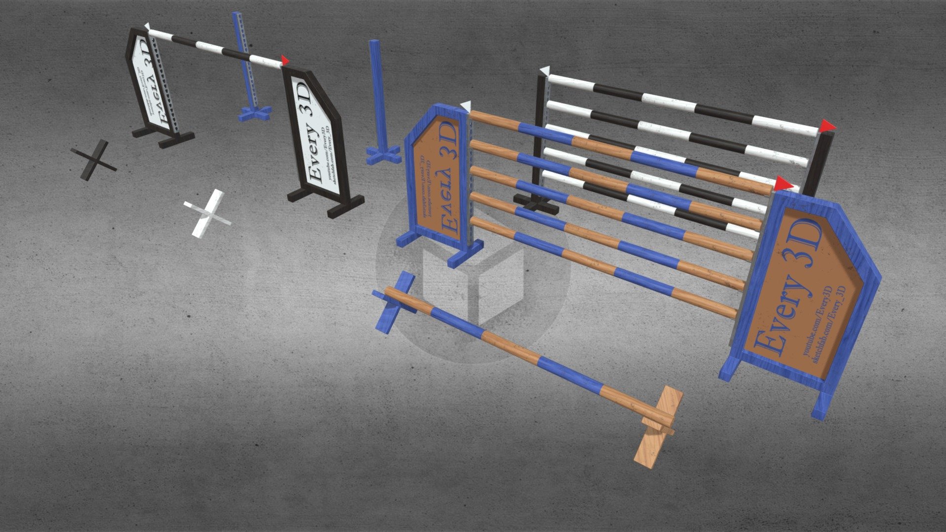 Obstacles for showjumping (Horse jumping). On the right are the assembled obstacles. On the left are show jumping obstacles in the form of a construction set for self-assembly. Stands, poles, holders for poles, cavaletti &ldquo;Cross