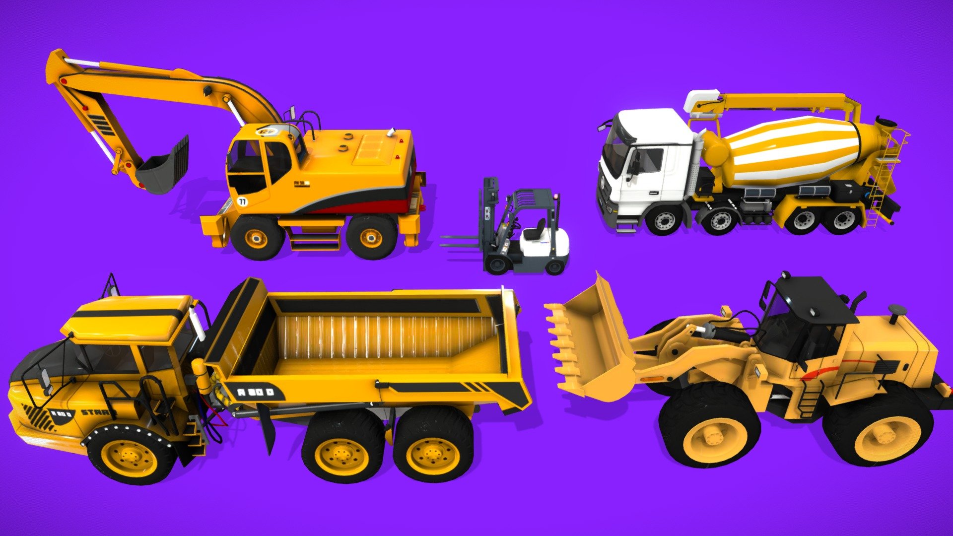 Introducing the Low Poly Construction Vehicles Pack – a meticulously crafted collection of 3D models tailored for mobile game developers, now available on the online asset store. This comprehensive pack brings a fleet of essential construction vehicles to life in a charming low poly style, perfect for adding a touch of realism and functionality to your mobile game environments.

Technical Details:

Texture dimensions: 1024px (Diffuse/Normal/Specular)

Number of models: 5

Rigged: Yes

UV mapping: Yes

Polygon Counts:

Excavator: Verts 15.2k

Bulldozer: Verts 14.5k

Mixer Truck: Verts 17.5k

Loader Truck: Verts 14.2k

Forklift: Verts 9.1k

Don't miss the opportunity to elevate your mobile game's construction-themed levels with the Low Poly Construction Vehicles. Streamline your development process, captivate players with charming visuals, and create an immersive gaming experience that's both delightful and optimized for mobile platforms. Get your pack today and start constructing your virtual world! - Low Poly Construction Vehicles Pack - Buy Royalty Free 3D model by Zero Grid (@Zerogrid) 3d model
