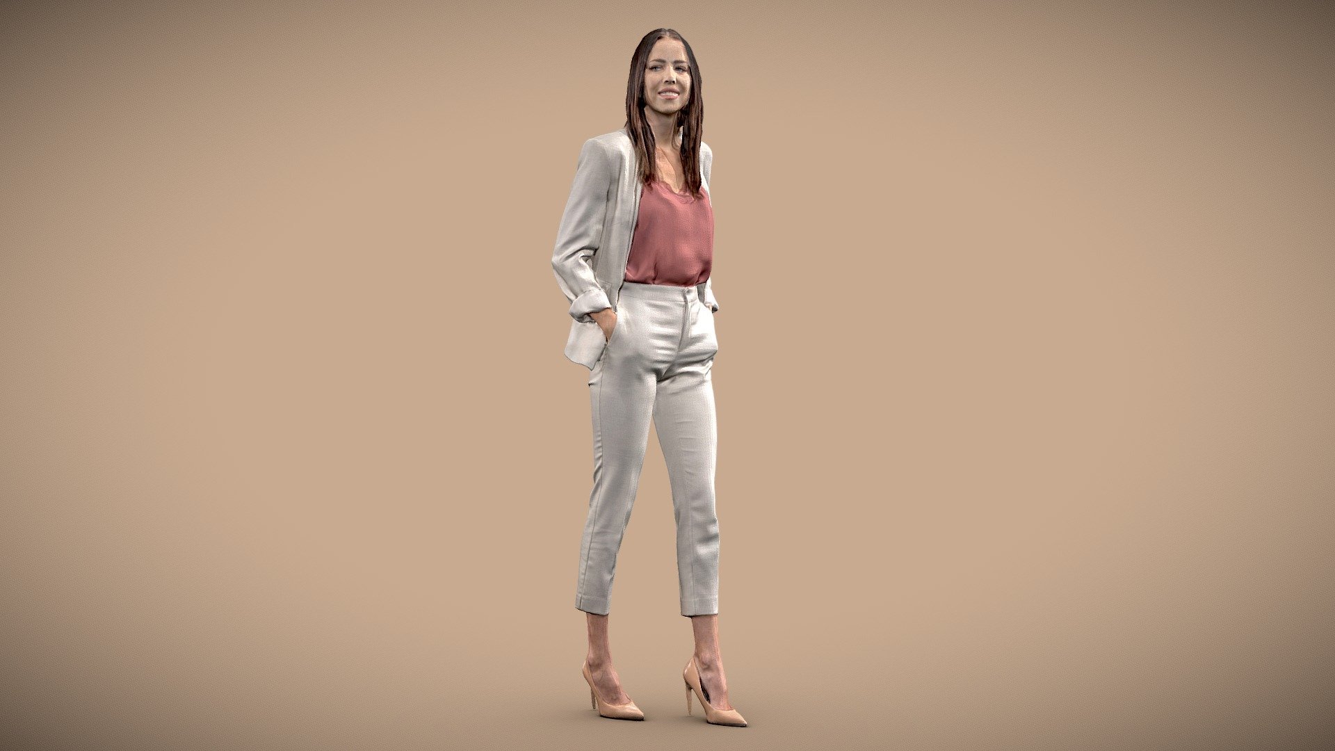 Full body of happy young adult brunette business woman walking with hands in pockets

Wearing light colored suit and high heels

Posed photogrammetry scan with
8192x8192 8k diffuse map
8192x8192 8k normal map
8192x8192 8k roughness map

Included formats blender, fbx, obj + mtl and stl 3d model